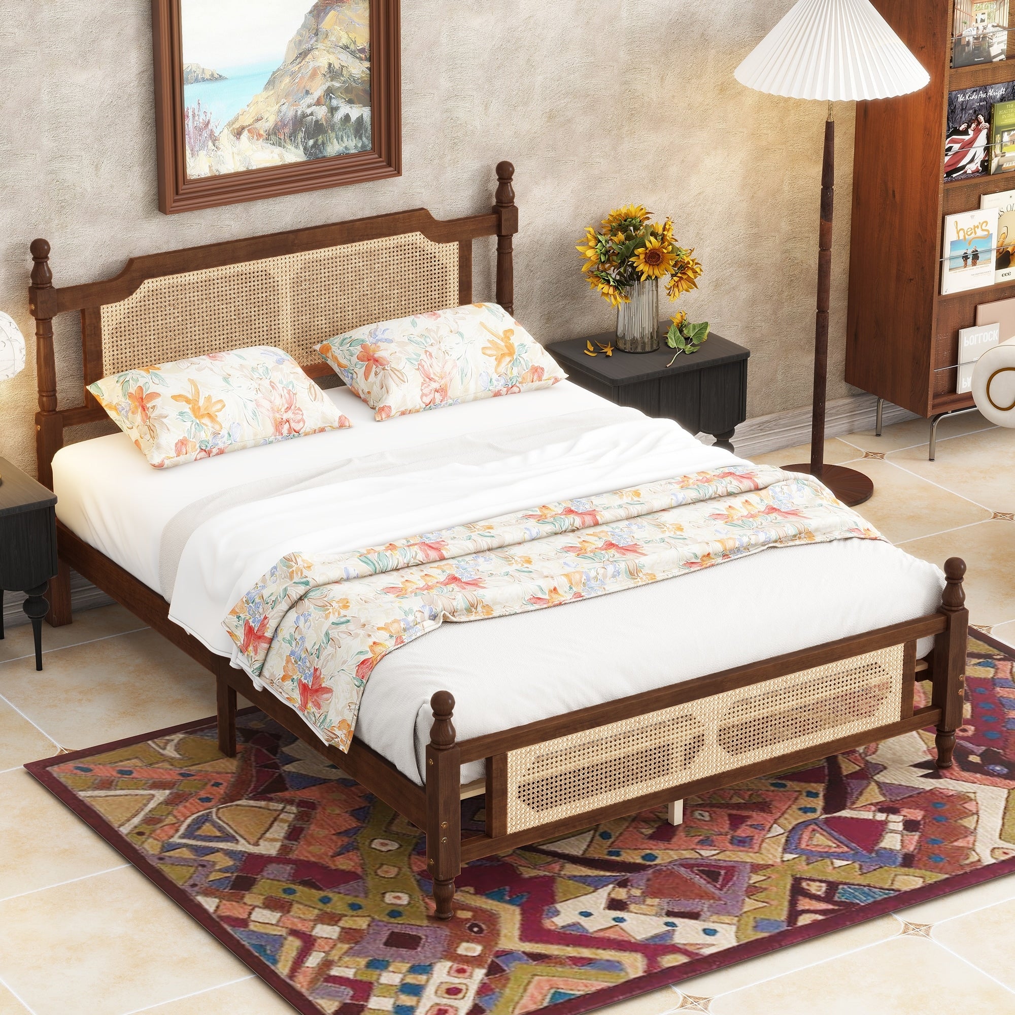 Queen Pine Wooden Bed With Rattan Headboard And Footboard With Central Enhanced Bed Platform