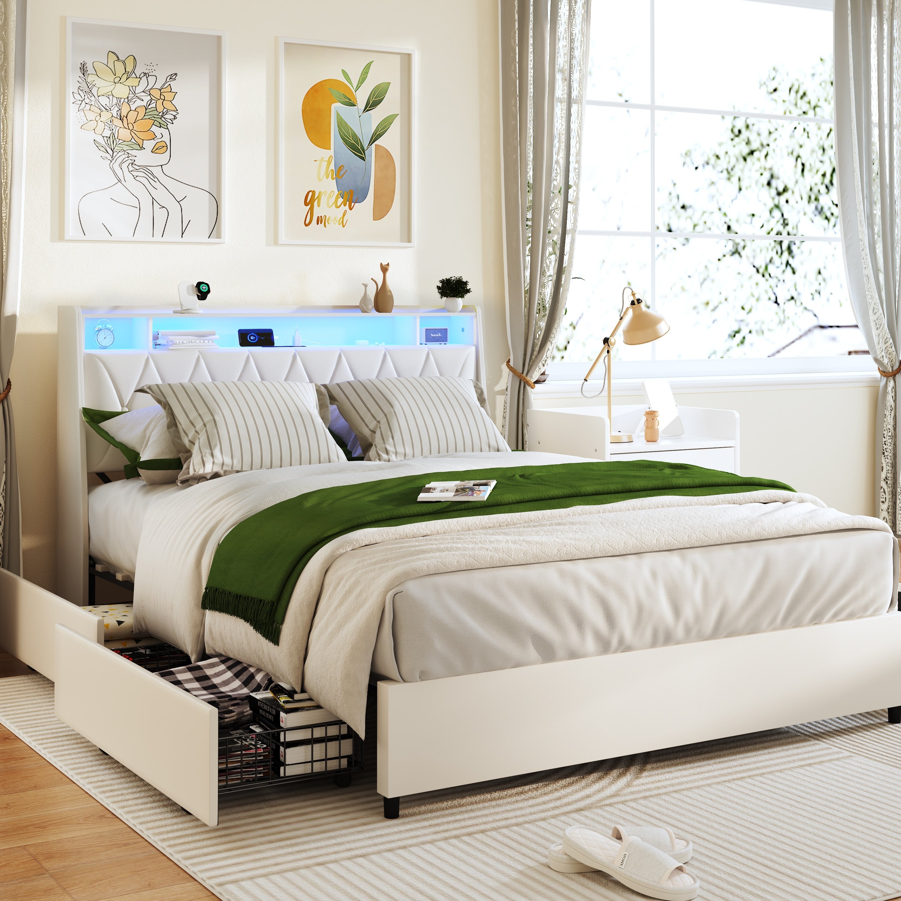 Queen Platform Bed Frame Queen Size With Outlets Charger Led Light