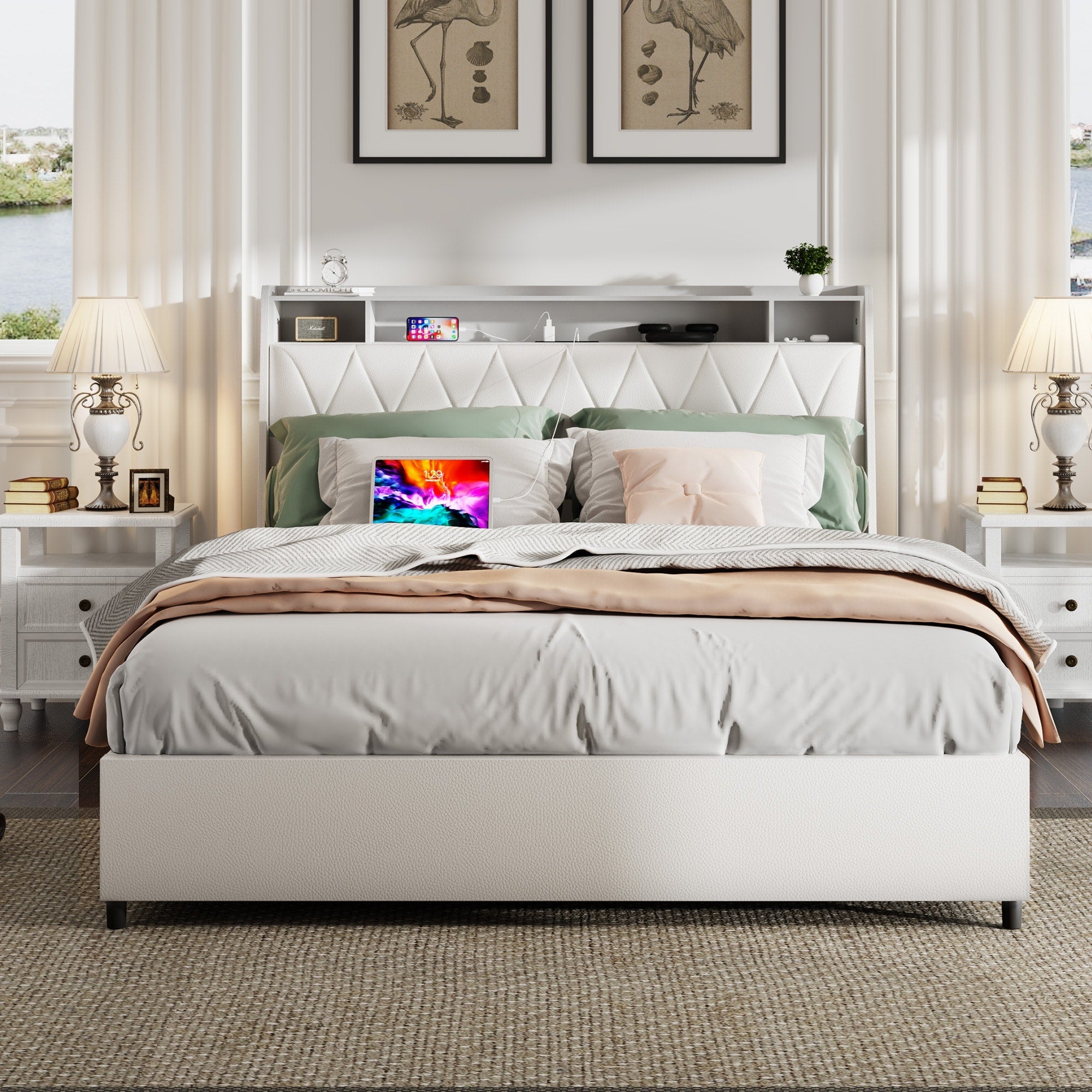 Queen Platform Bed Frame With Ergonomic Headboard Usb Outlets Charger Storage Shelf