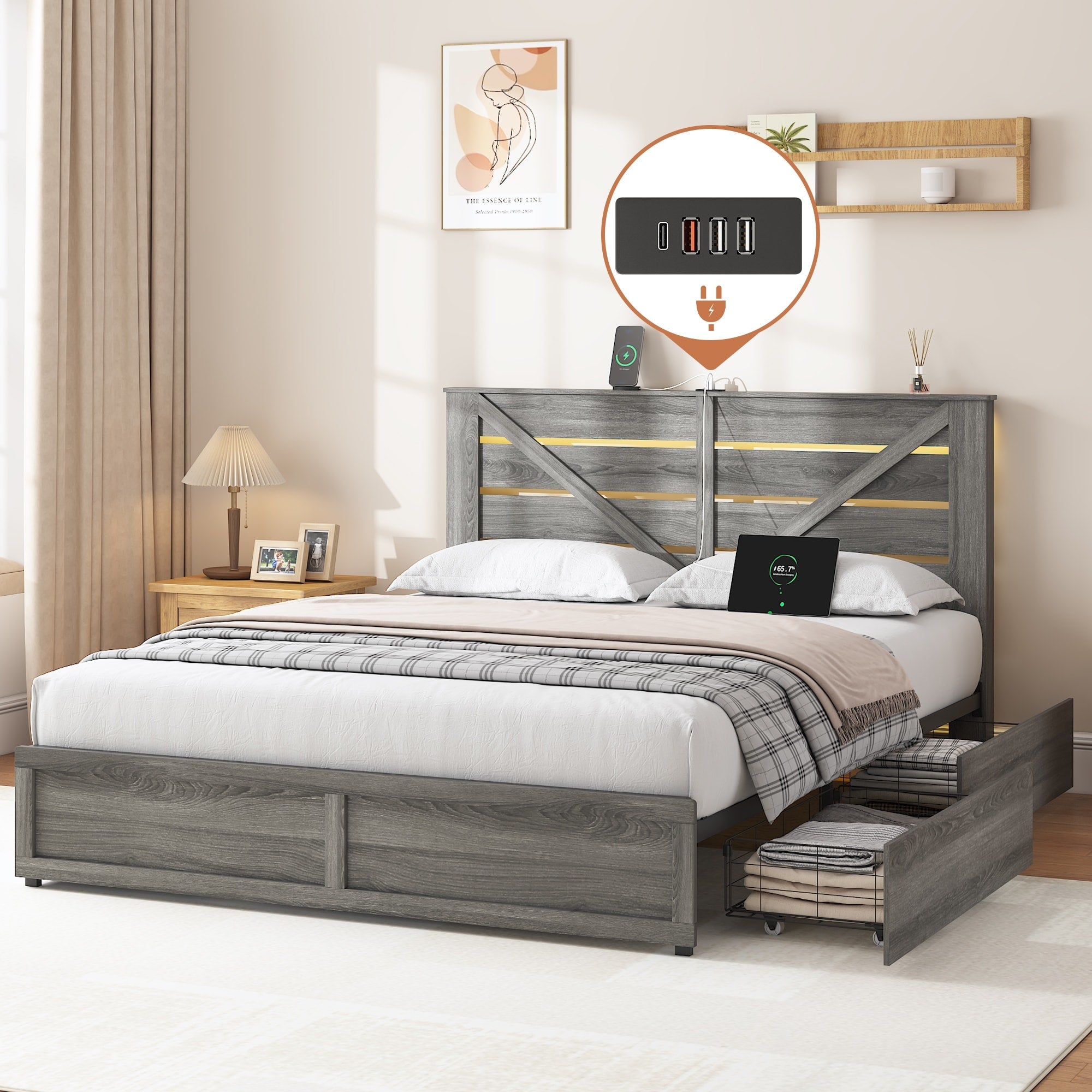 Queen Platform Bed Frame With Storage Headboard Storage Drawers