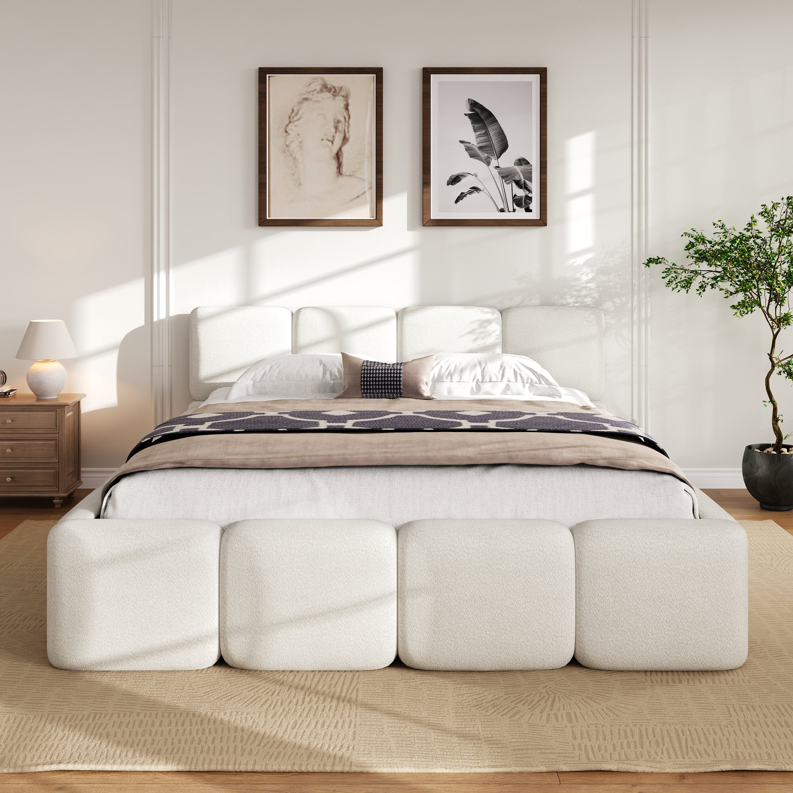 Queen Platform Bed With Boucle Upholstered Thick Headboard Footboard Block Style Design White