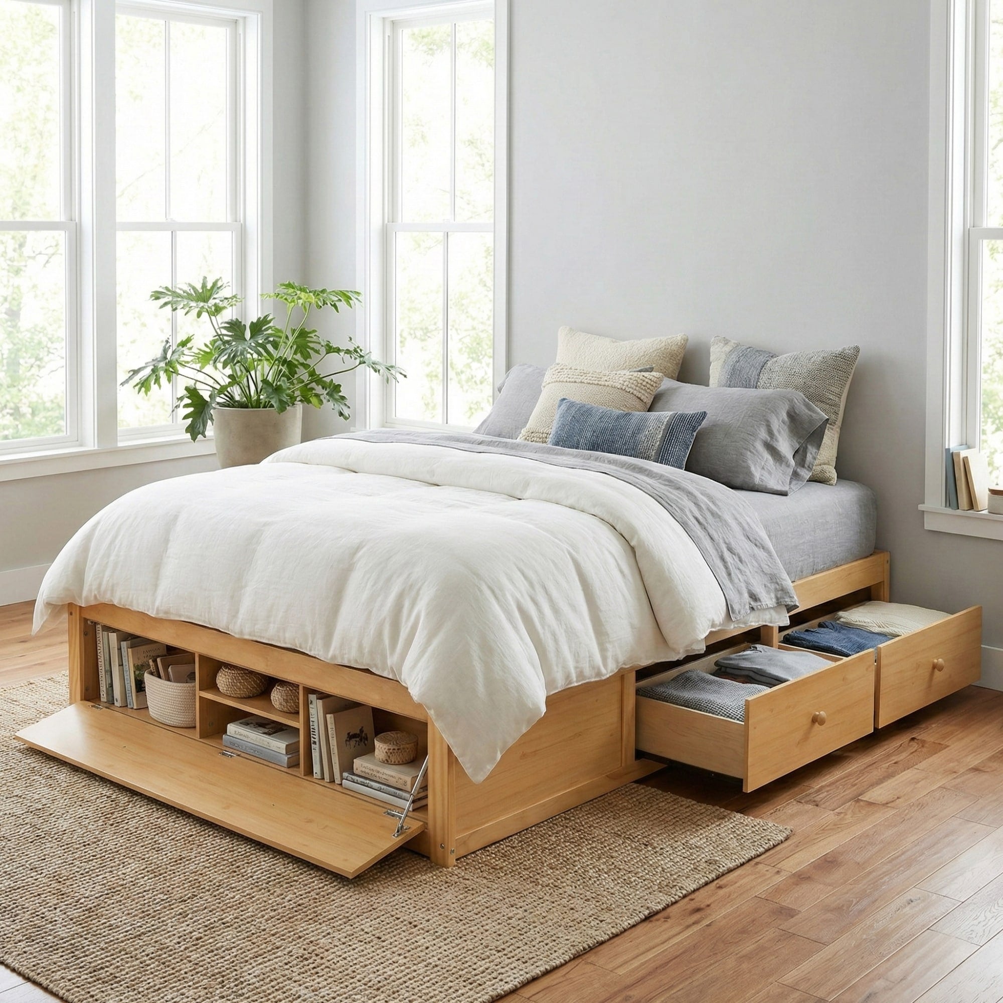 Queen Platform Bed With Hydraulic Lift Footboard And 4 Storage Drawers