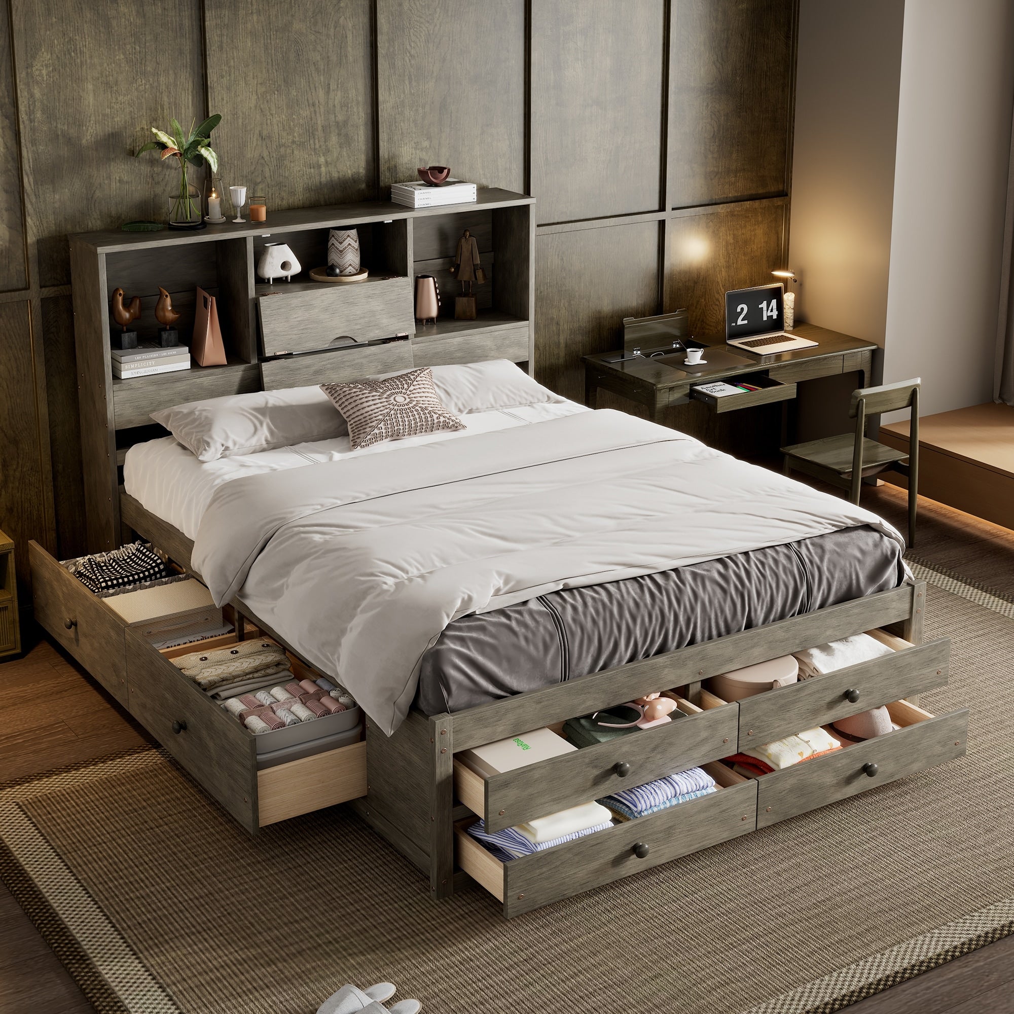 Queen Platform Storage Bed With Headboard 8 Drawers