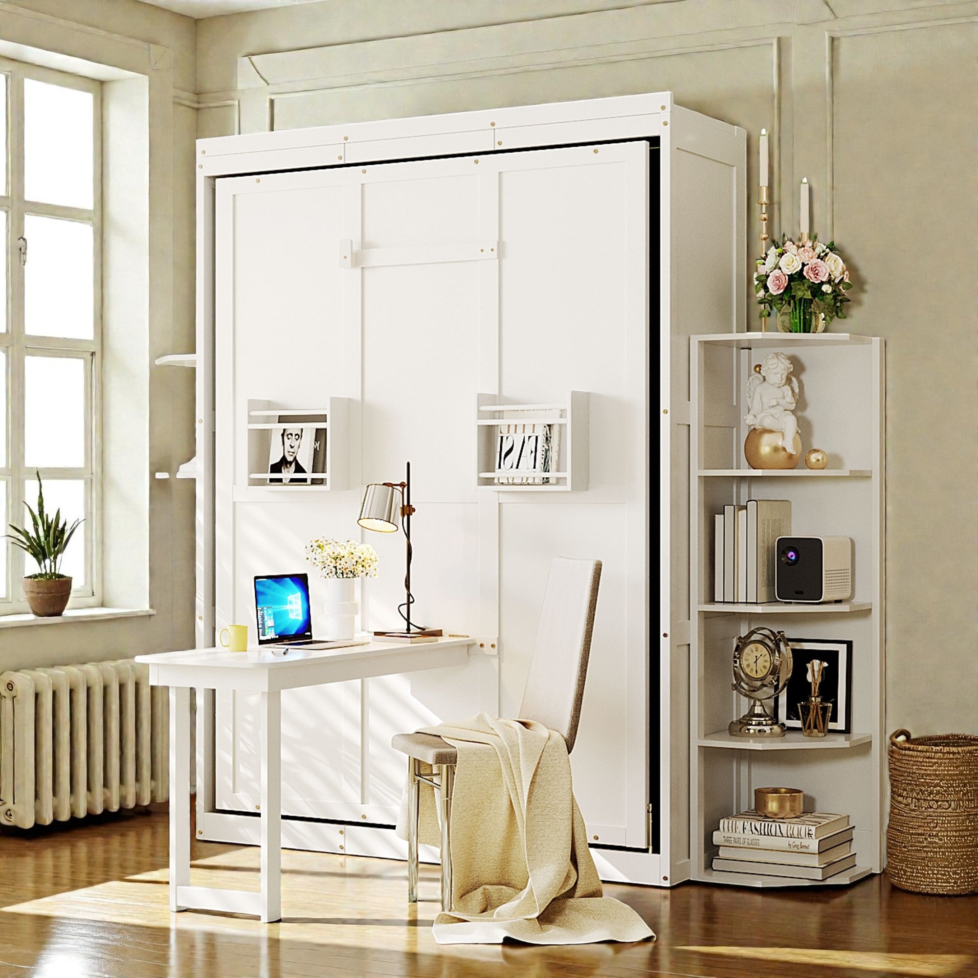 Queen Rotating Murphy Bed With Desk Dual 3 Tier Side Shelves Hidden Wall Cabinet Space Saving Wall Bed