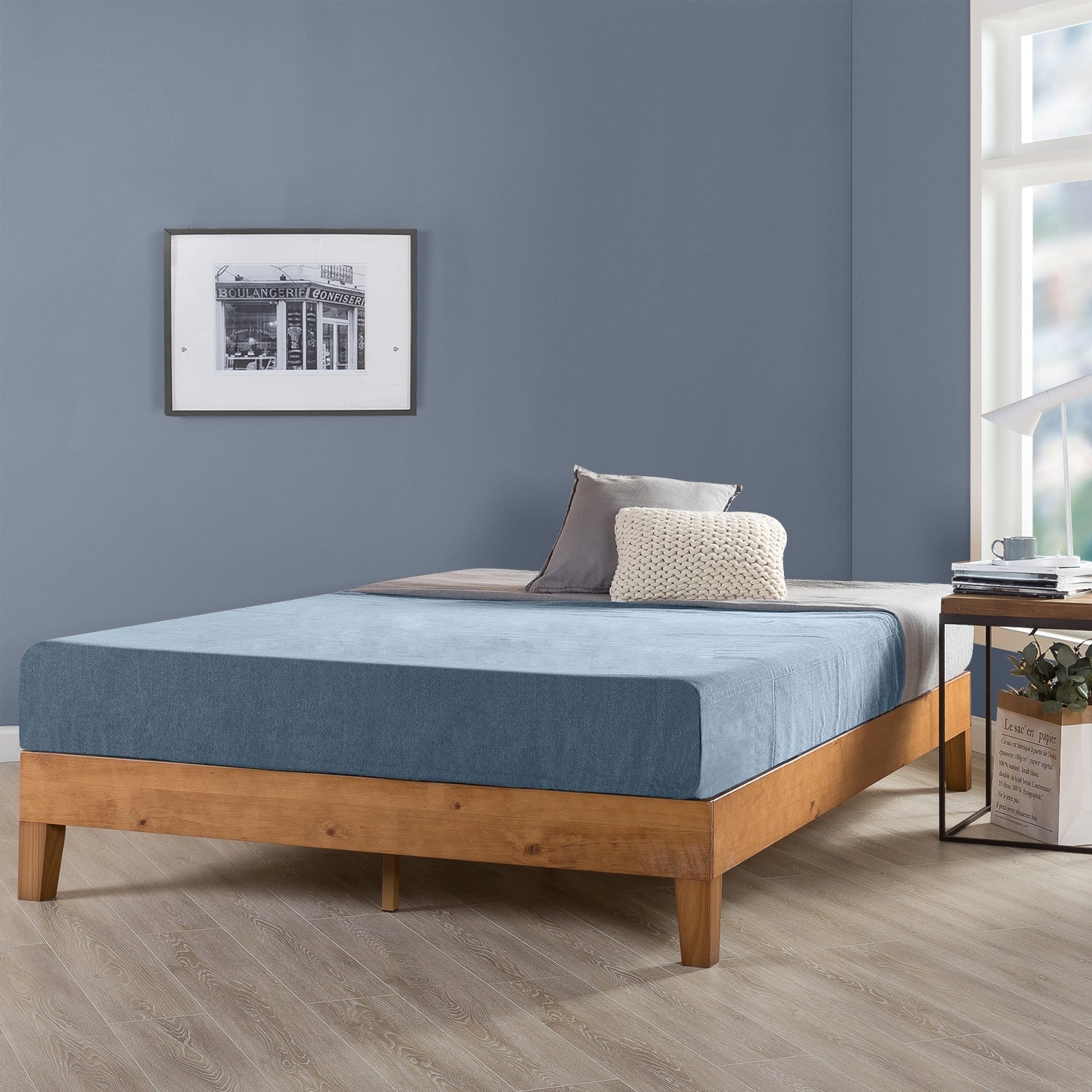 Queen Size 12 Inch Grand Solid Wood Platform Bed Frame Natural Crown Comfort