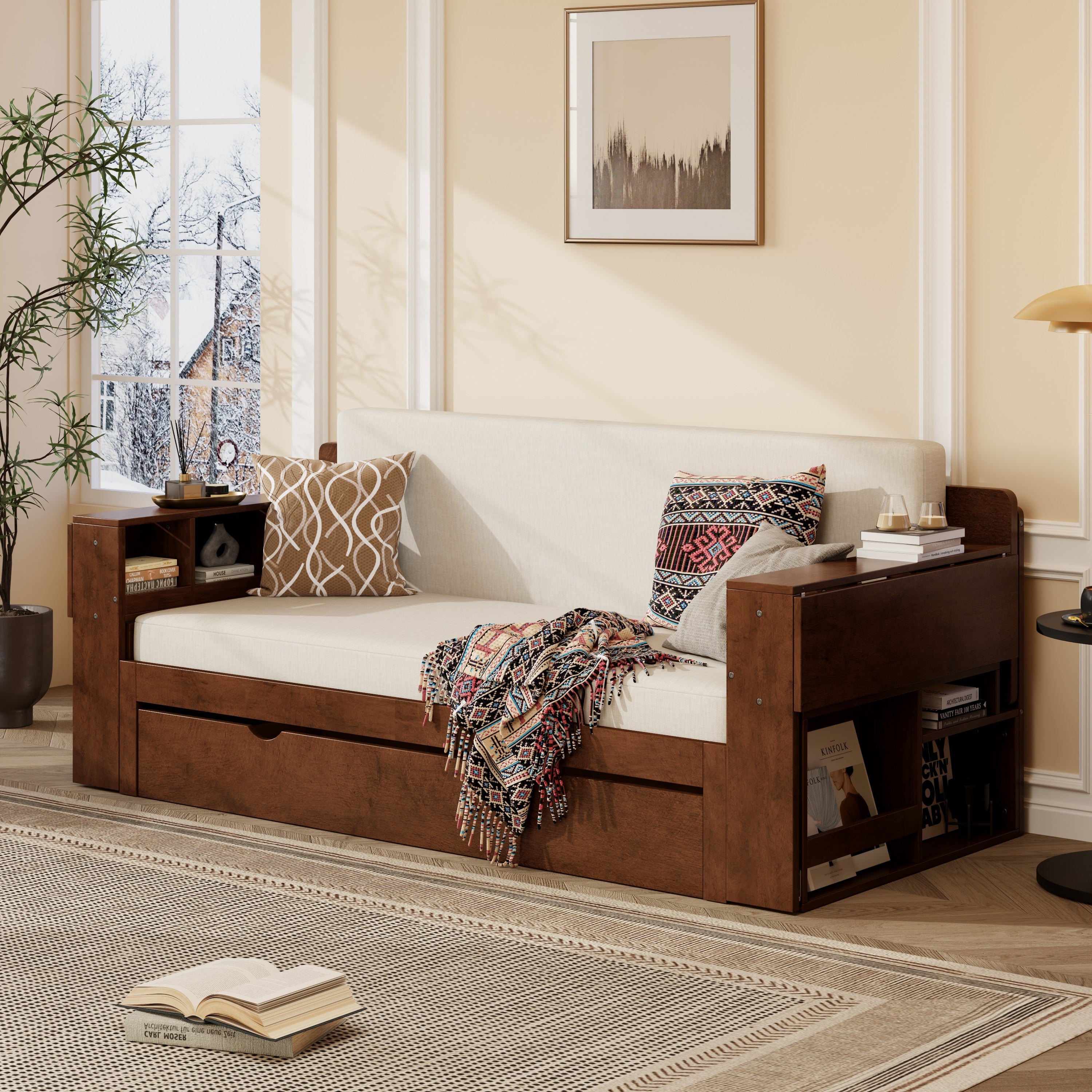 Queen Size 4 In 1 Daybed With Storage Drawers Desk Hydraulic Armrests