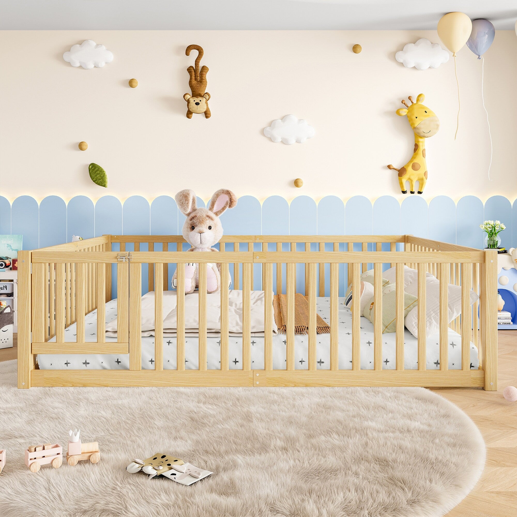 Queen Size Bed Floor Bed With Safety Guardrails And Door For Kids