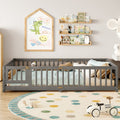 Queen Size Bed Floor Bed With Safety Guardrails And Door For Kids Wood Grain