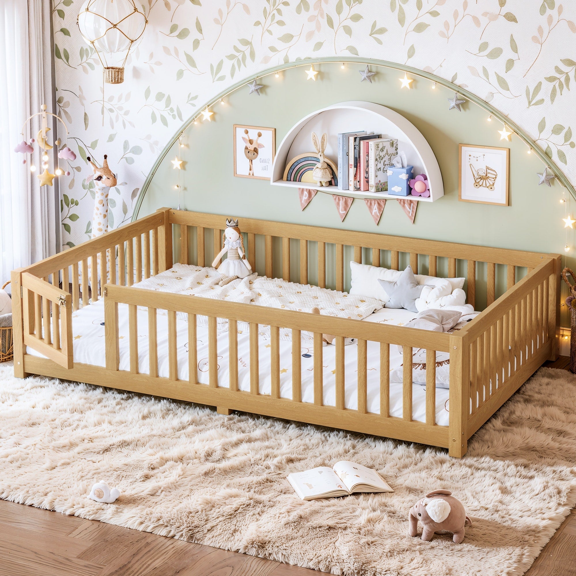 Queen Size Bed Floor Bed With Safety Guardrails And Door For Kids