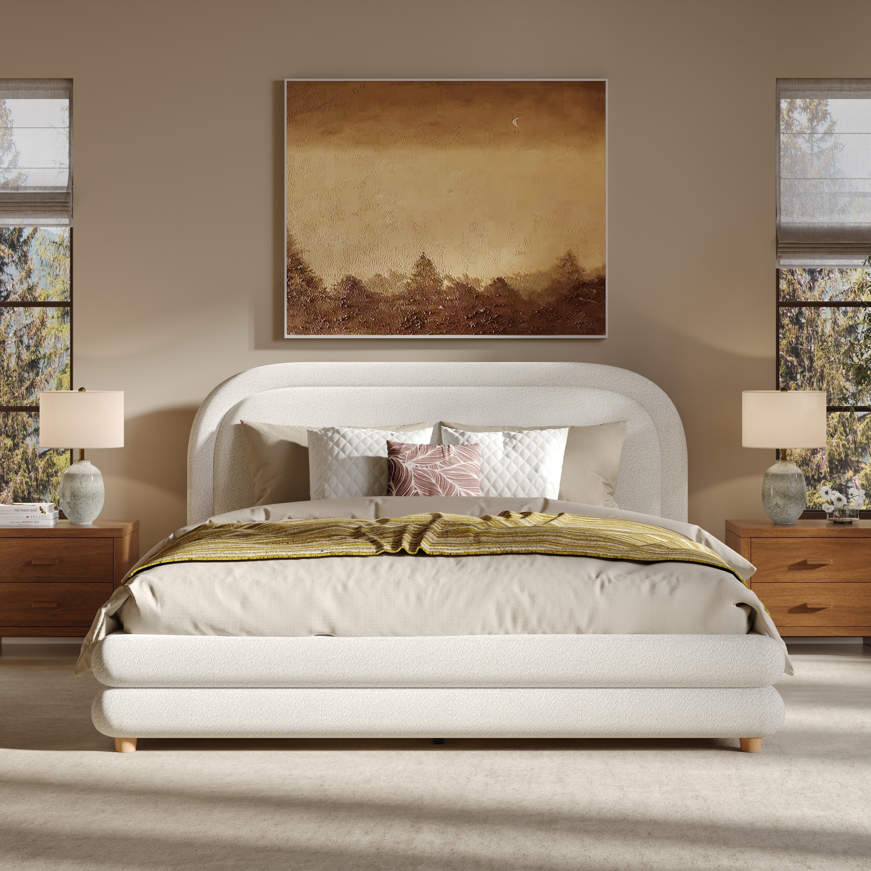 Queen Size Bed Frame With Boucle Upholstered Thick Curved Headboard Solid Wood Legs White