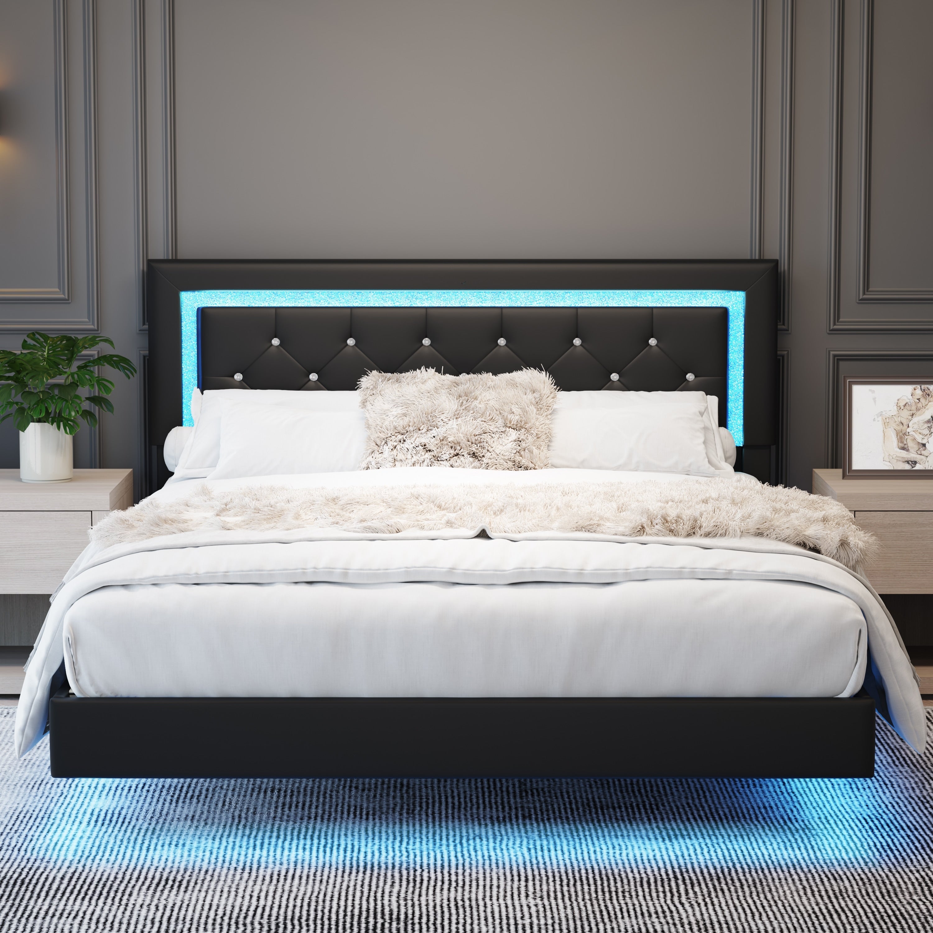 Queen Size Bed Frame With Headboard Floating Bed Frame With Led Lights Upholstered Platform Bed With Diamond Tufted Headboard