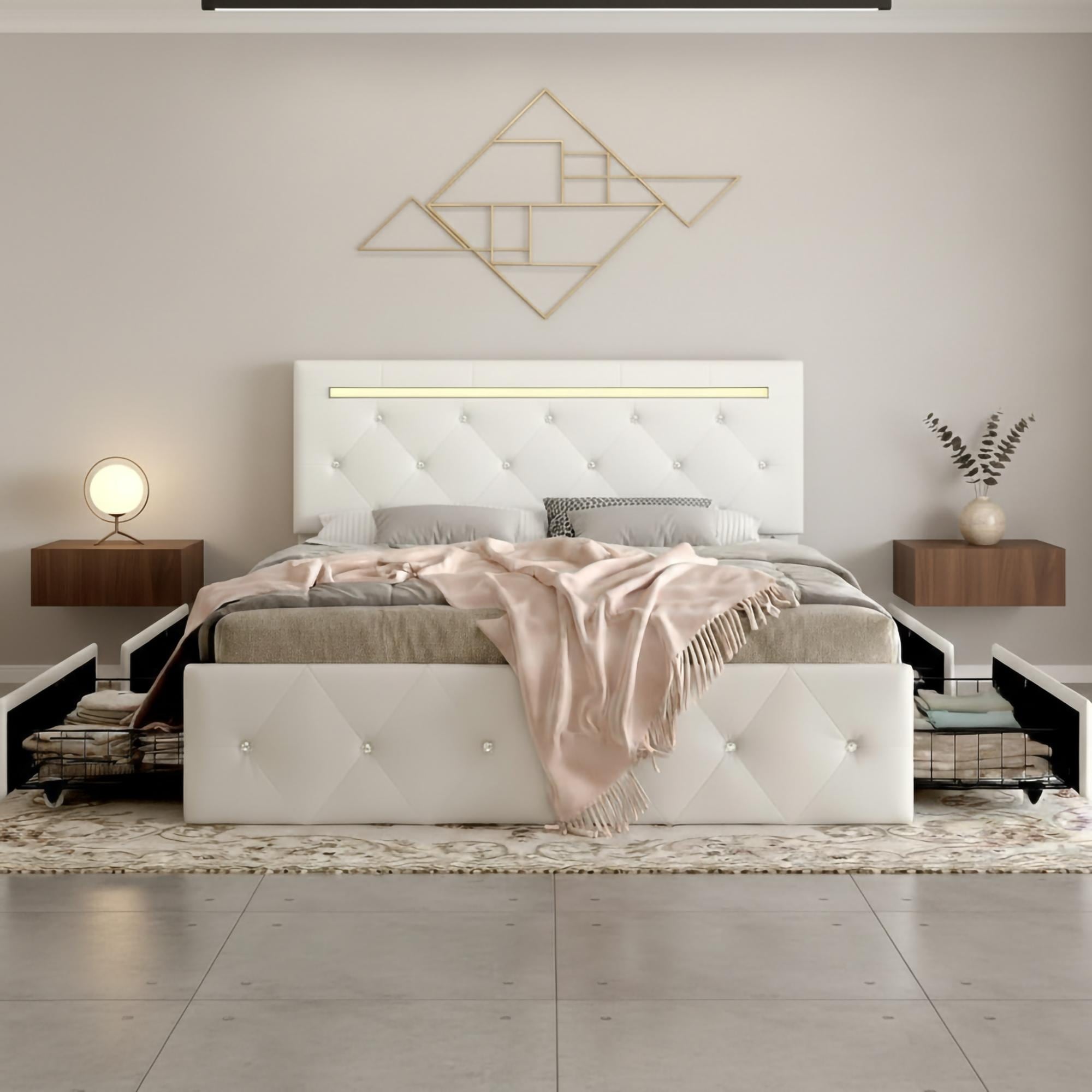 Queen Size Bed Frame With Led Light And Storage Drawers Pu Upholstered Bed Frame With Adjustable Headboard Charging Station