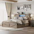 Queen Size Bed Frame With Led Lights And Charging Station 2 Storage Drawers Headboard With Sliding Barn Door Storage Cabinets