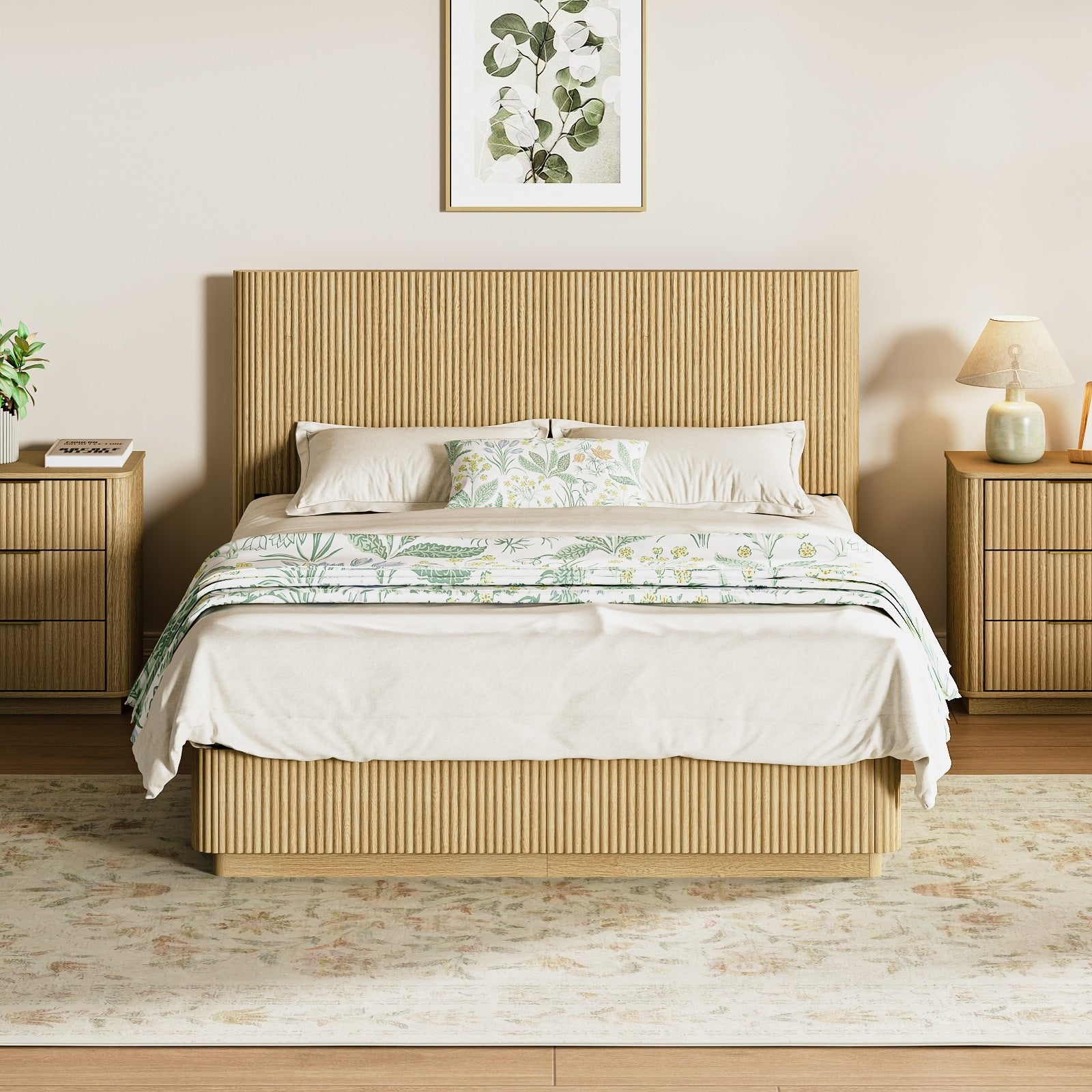 Queen Size Bed Frame With Led Lights Modern Wooden Corrugated Curved Lines Convex Groove Board Design