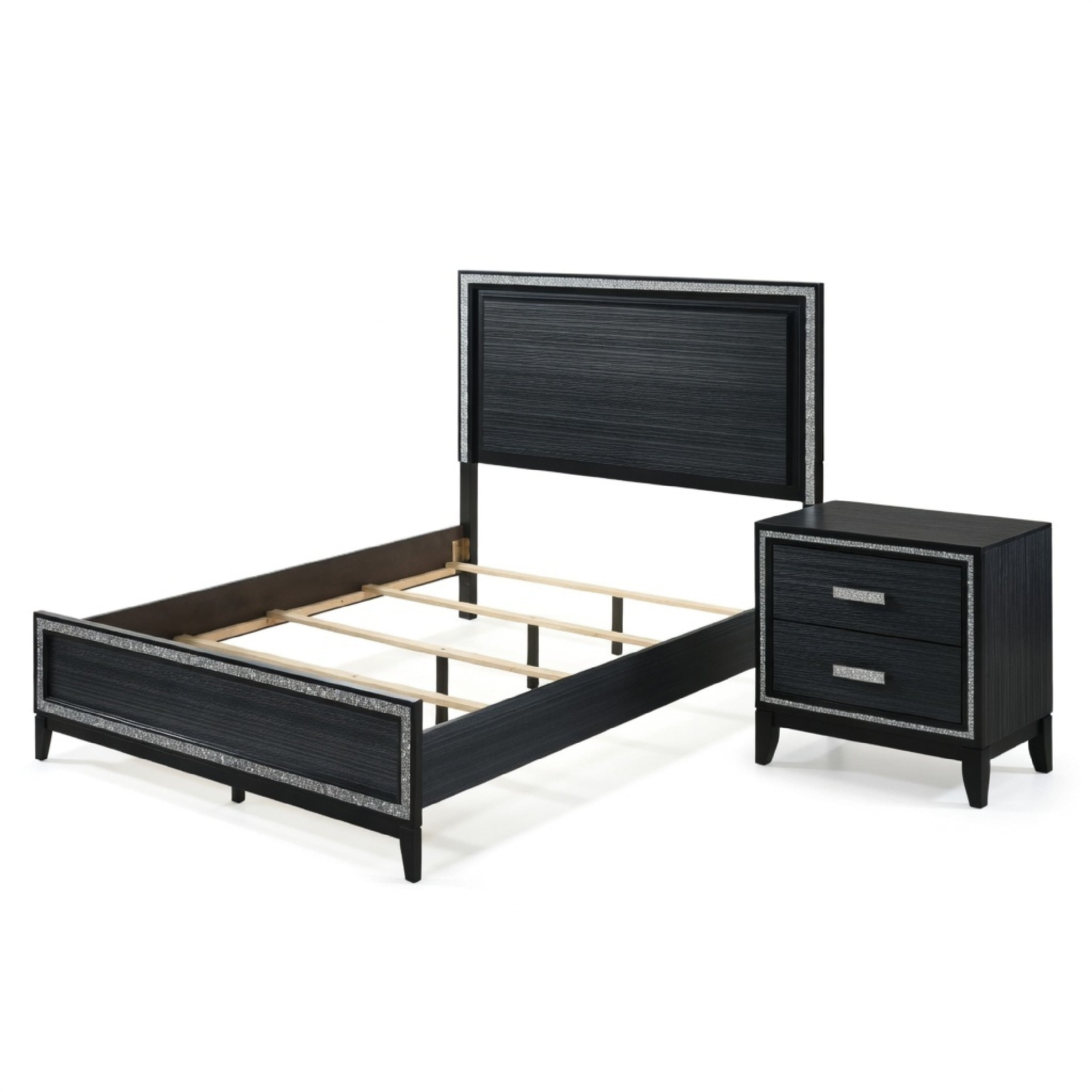 Queen Size Bedroom Set Black Finish 2 Piece Set With Bed And Nightstand