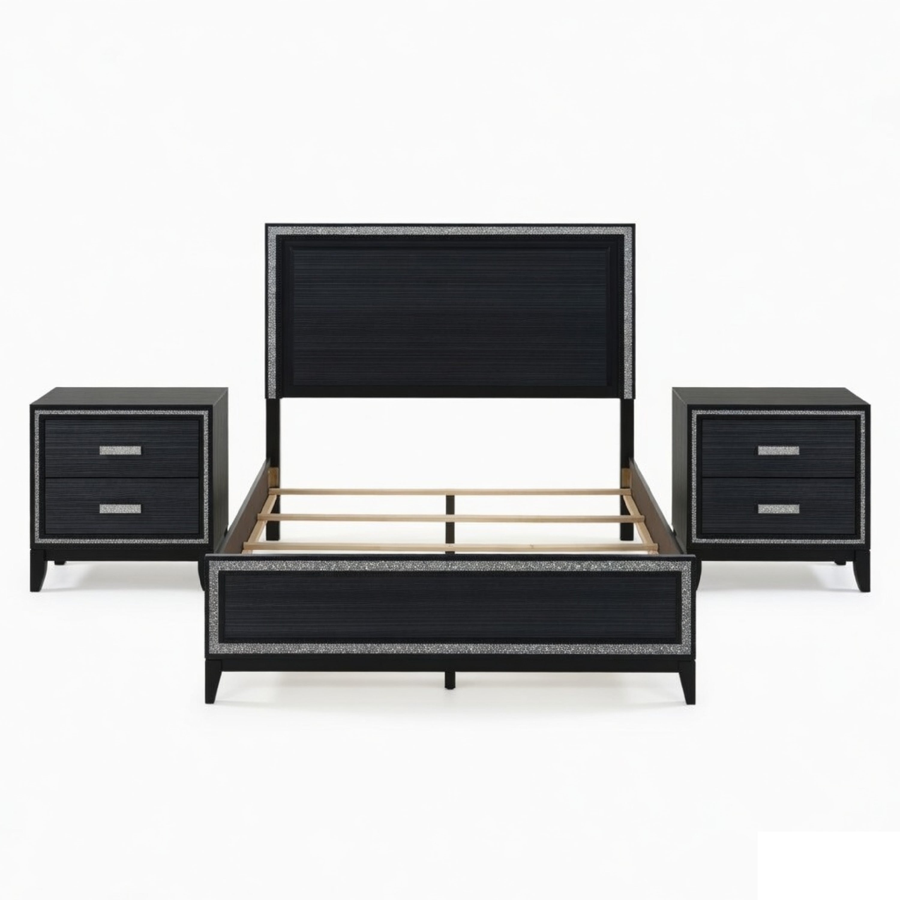 Queen Size Bedroom Set Black Finish 3 Piece Set With Bed And Two Nightstands