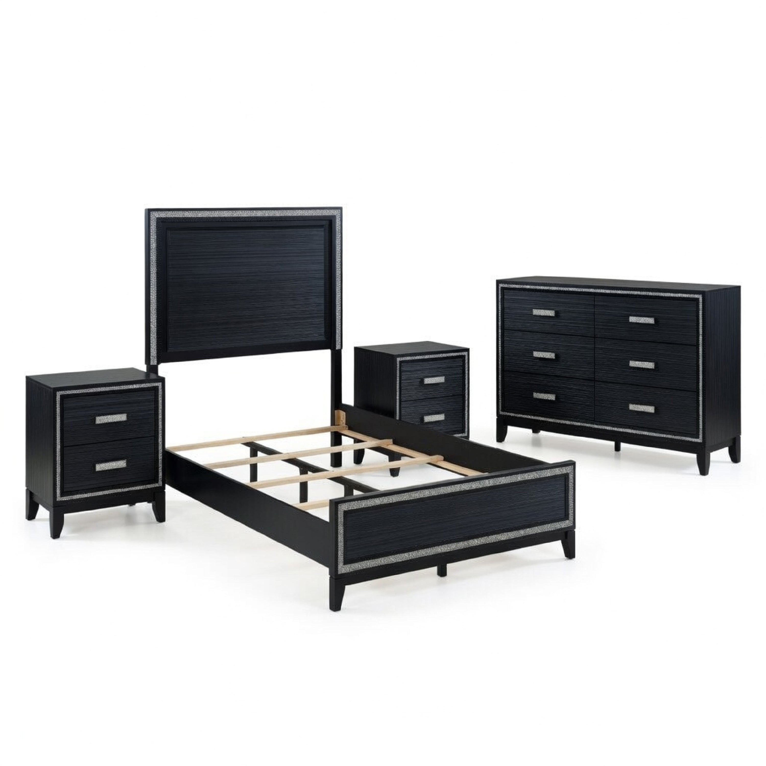 Queen Size Bedroom Set Black Finish 4 Piece Set With Bed 2 Nightstands And Dresser