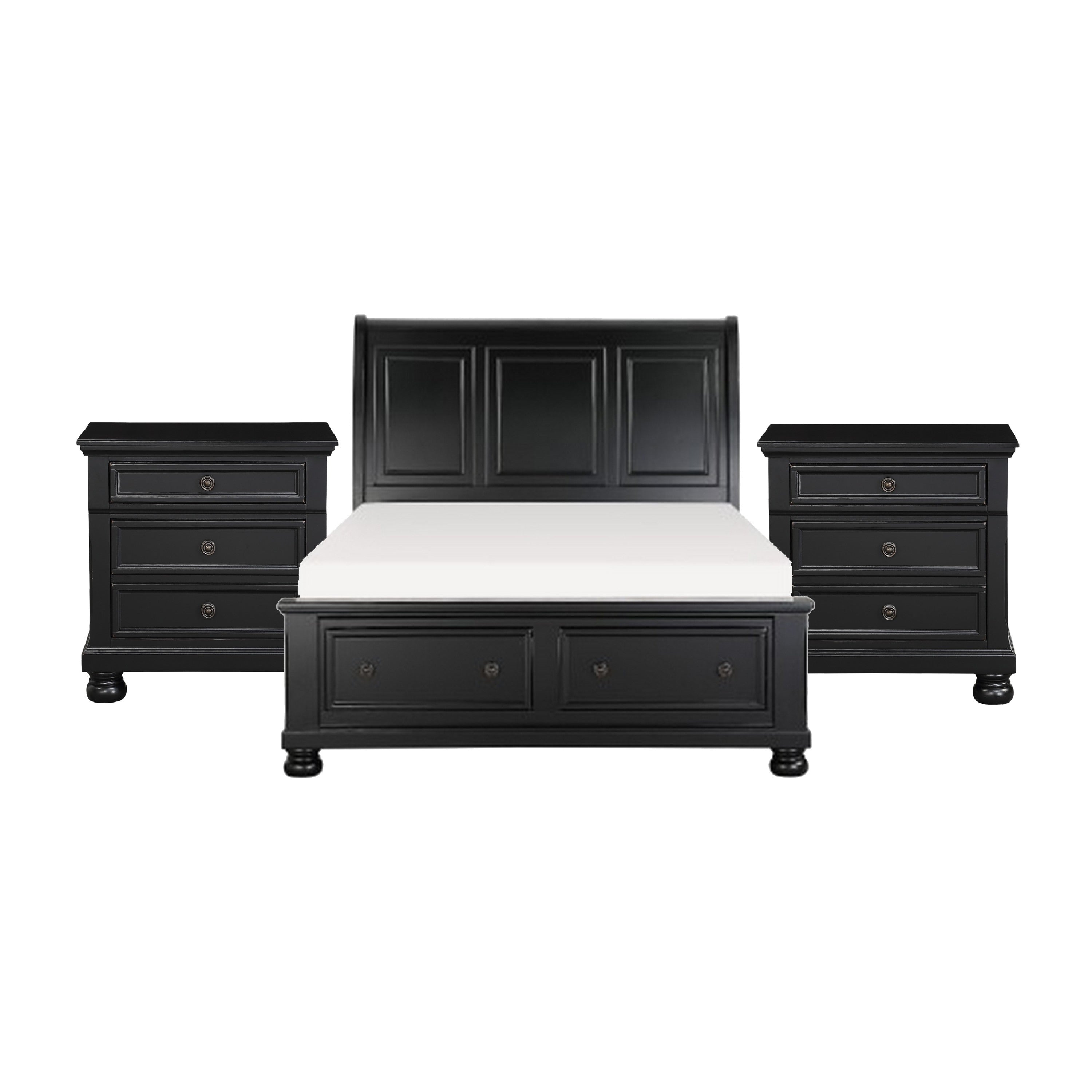 Queen Size Bedroom Set Black Finish Storage Bed With Drawers 3 Piece Set With Bed And Two Nightstands