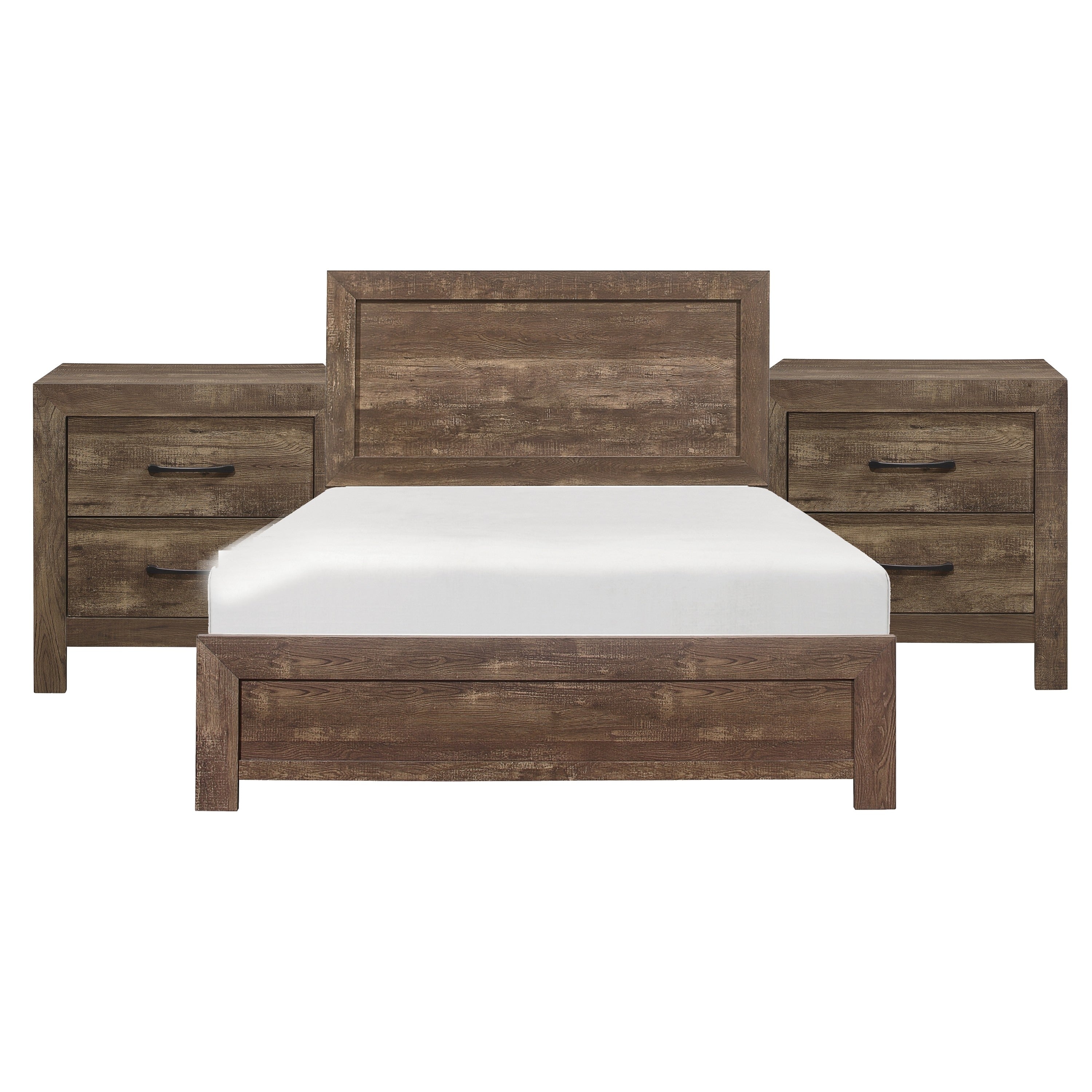 Queen Size Bedroom Set Brown Finish Panel Design 3 Piece Set With Bed And Two Nightstands