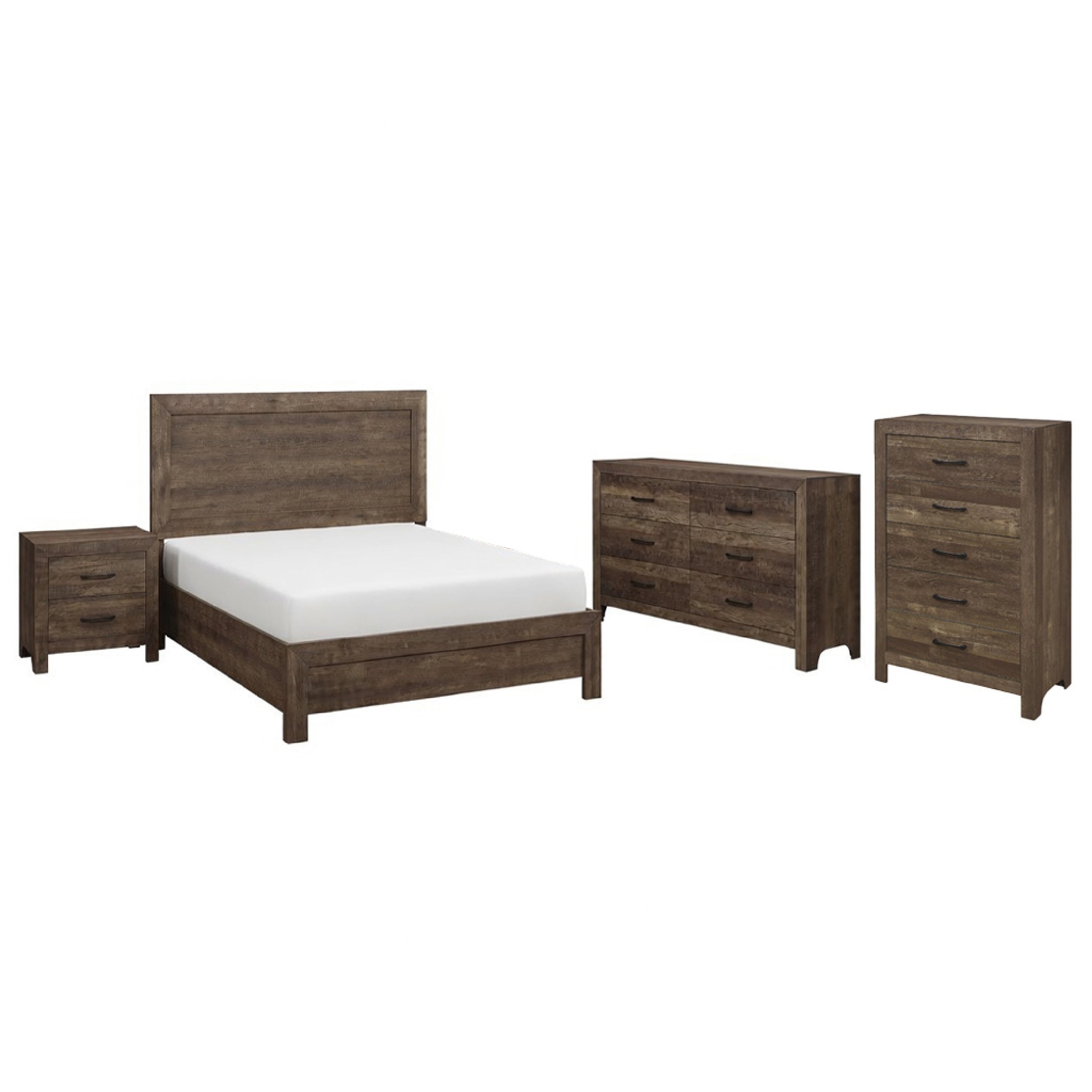 Queen Size Bedroom Set Brown Finish Panel Design 5 Piece Set With Bed 2 Nightstands Dresser And Chest
