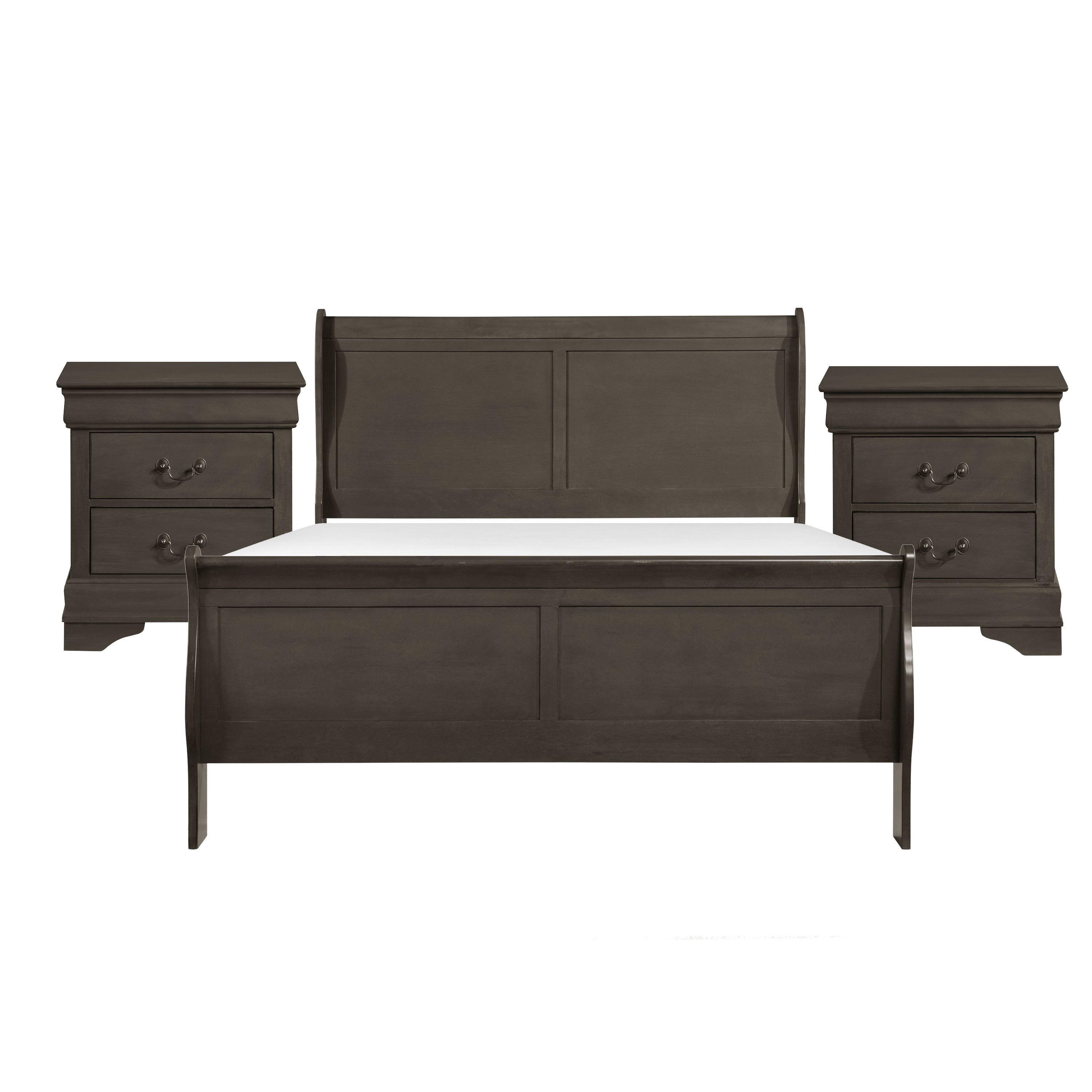 Queen Size Bedroom Set Gray Finish 3 Piece Set With Bed And Two Nightstands