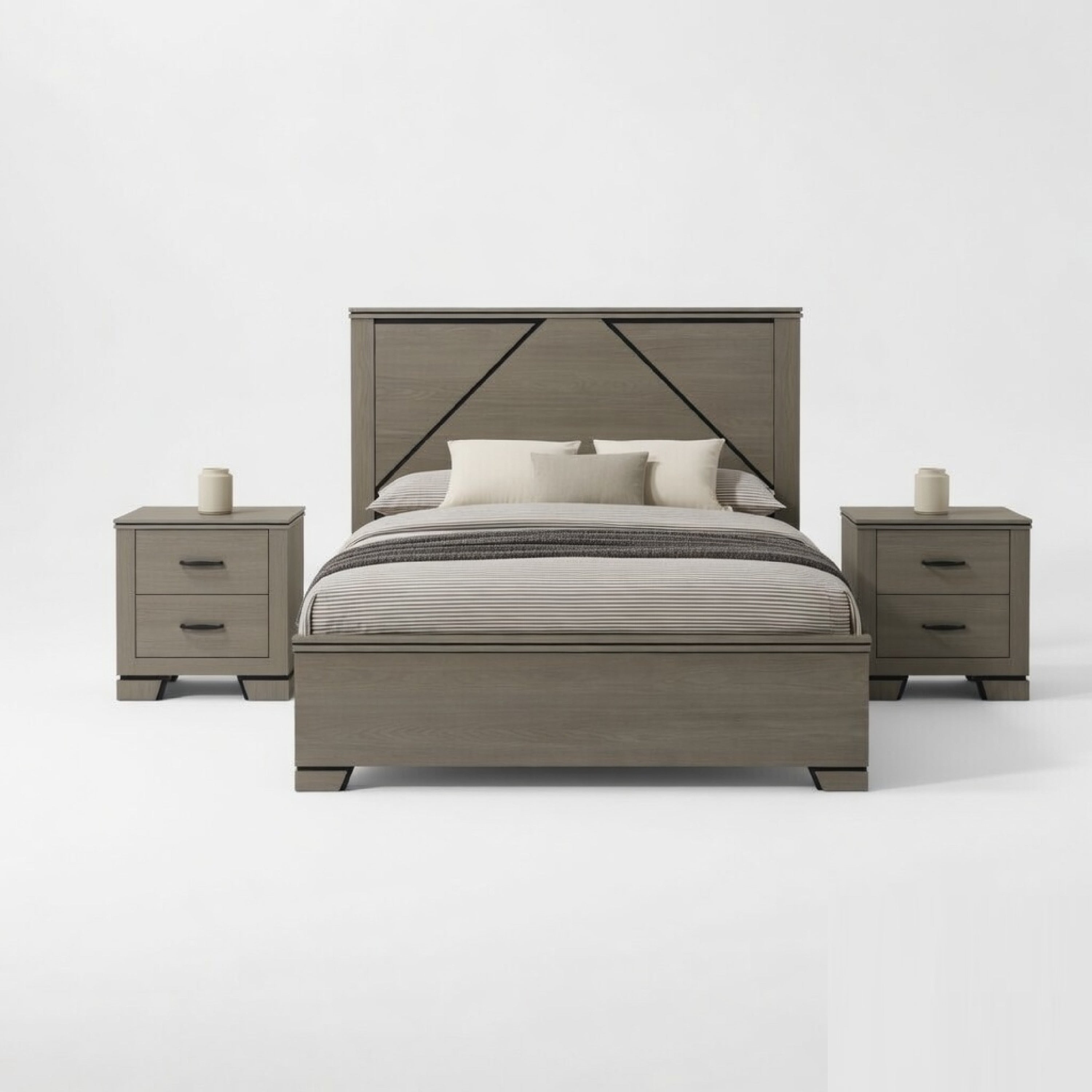 Queen Size Bedroom Set Gray Finish Panel Headboard 3 Piece Set With Bed And Two Nightstands