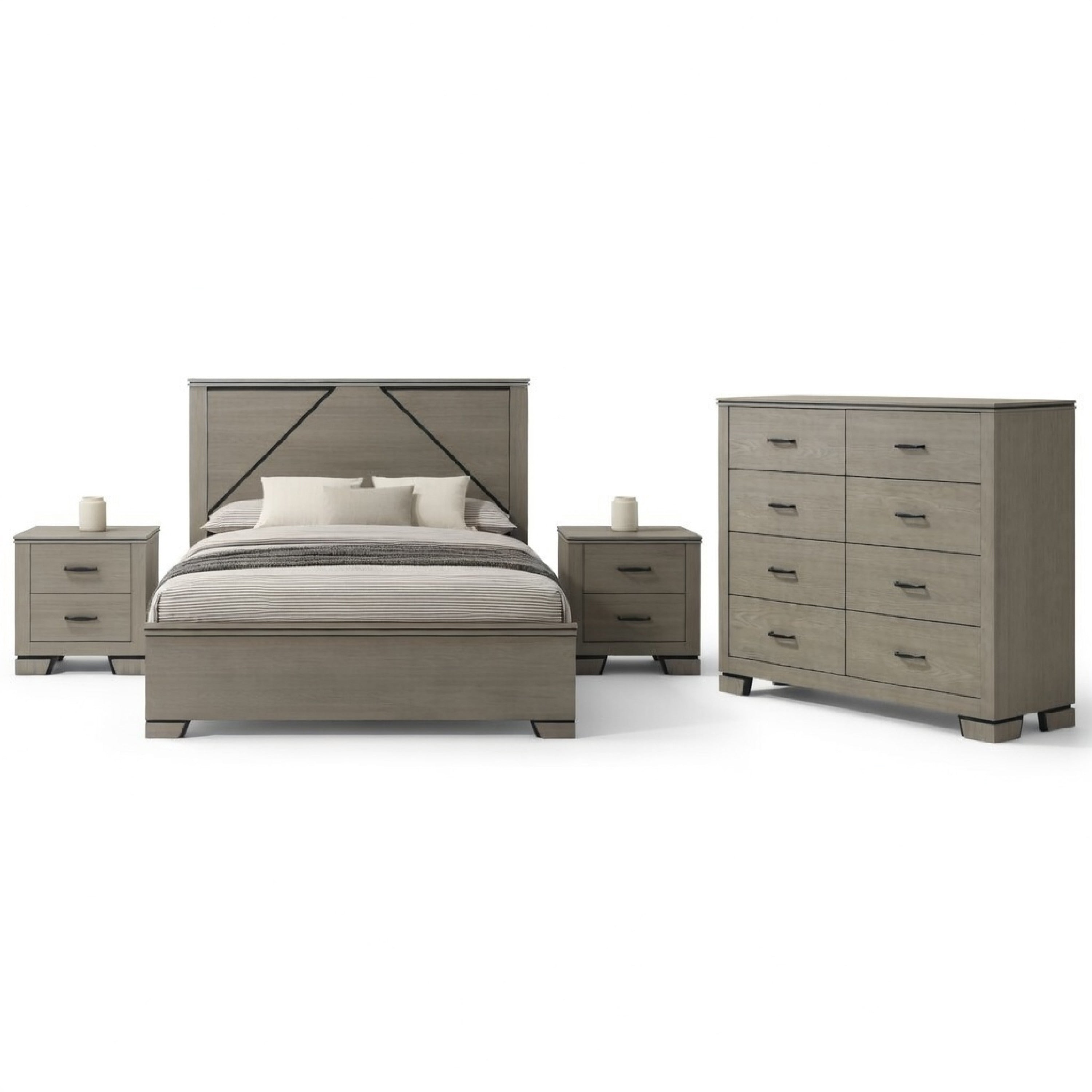 Queen Size Bedroom Set Gray Finish Panel Headboard 4 Piece Set With Bed 2 Nightstands And Dresser