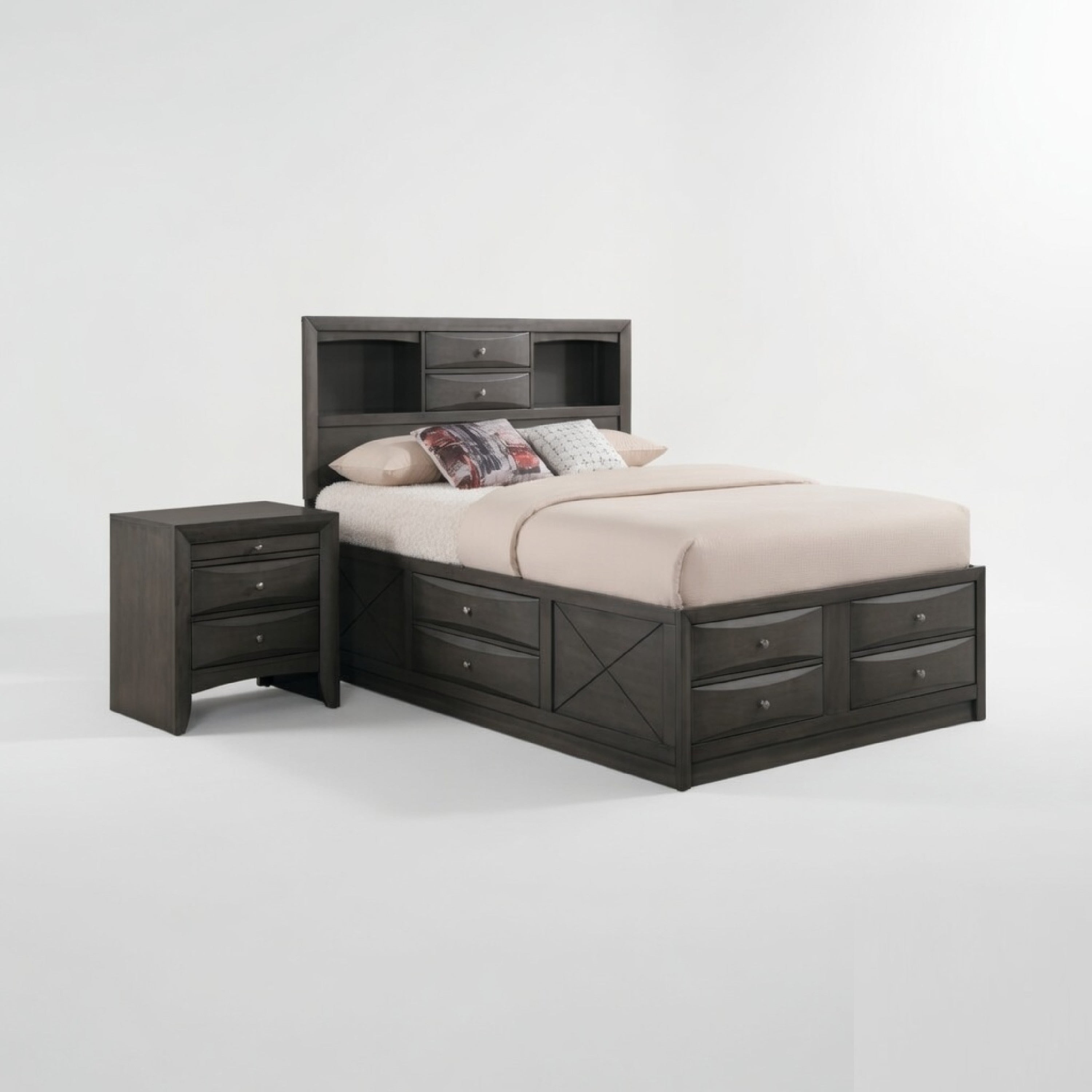 Queen Size Bedroom Set Gray Finish Storage Bed With Drawers 2 Piece Set With Bed And Nightstand