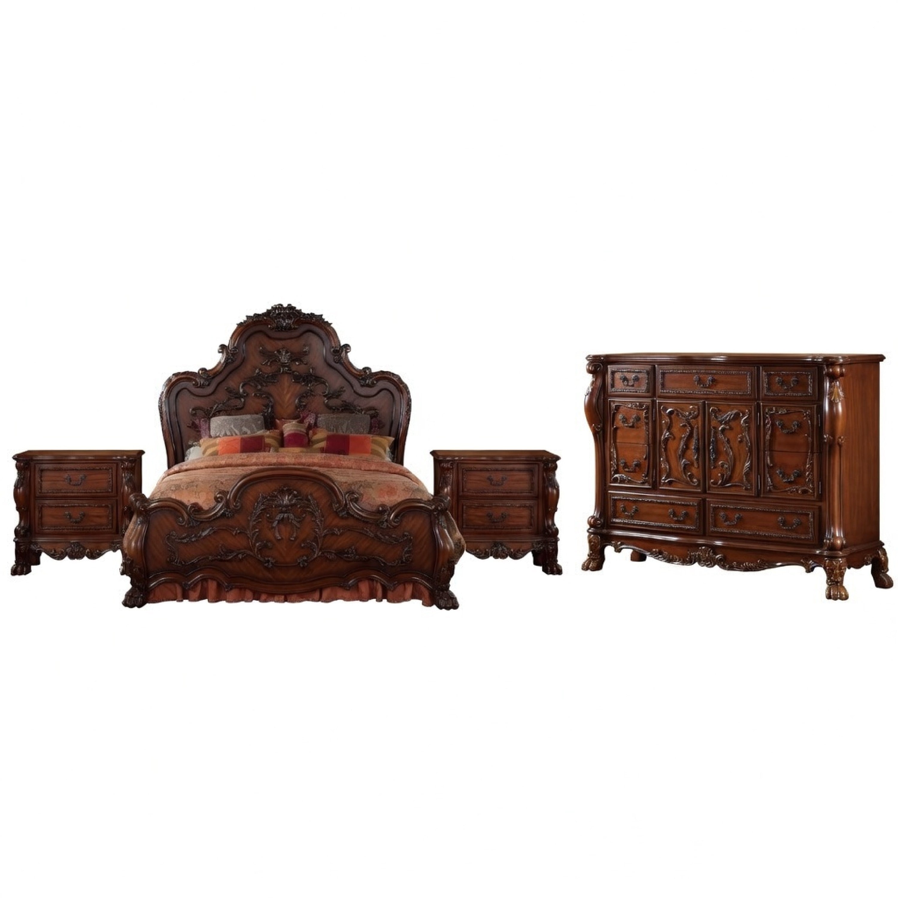 Queen Size Bedroom Set Traditional Carved Wood Design Brown Finish 4 Piece Set With Bed Nightstands And Dresser