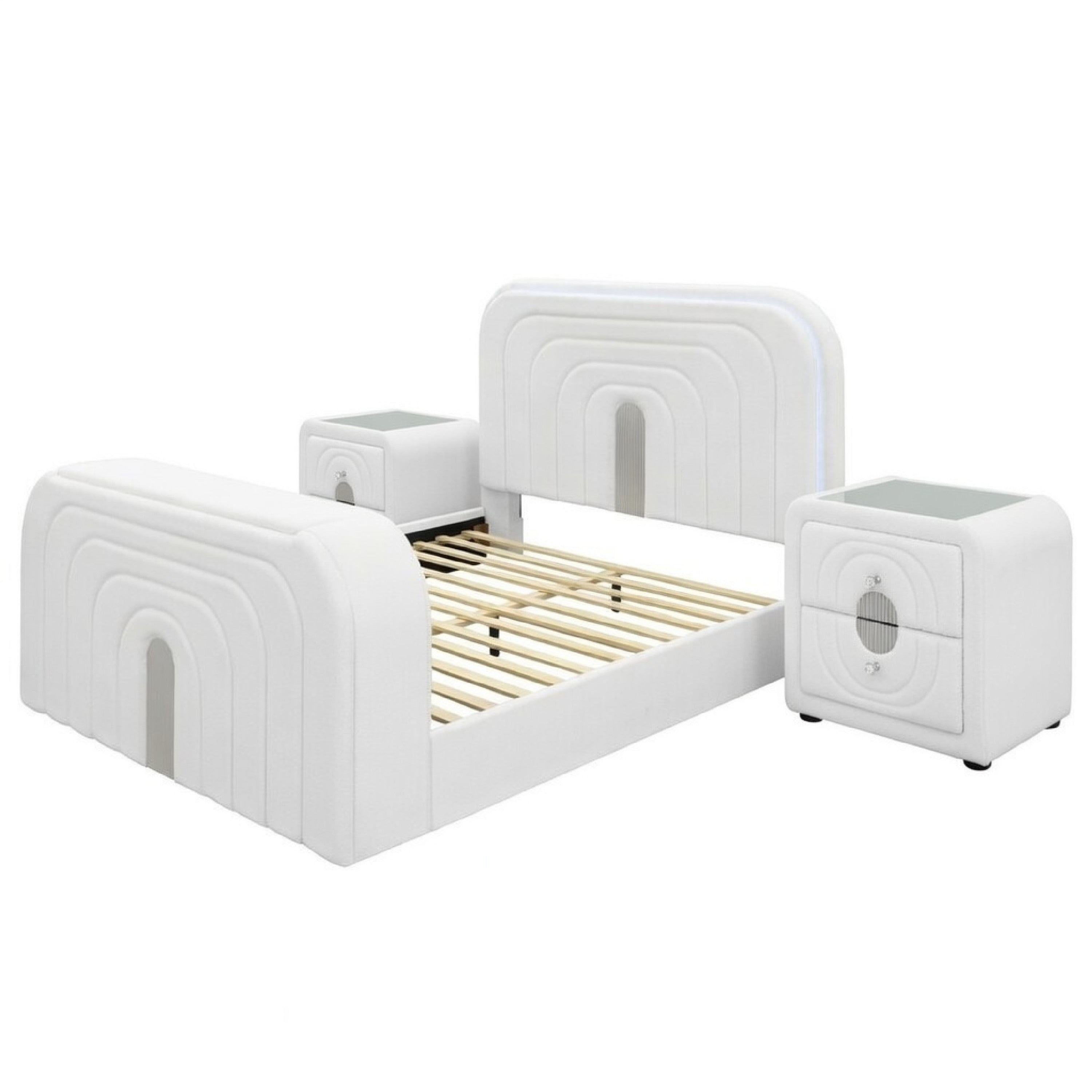 Queen Size Bedroom Set White Finish 3 Piece Set With Bed And Two Nightstands