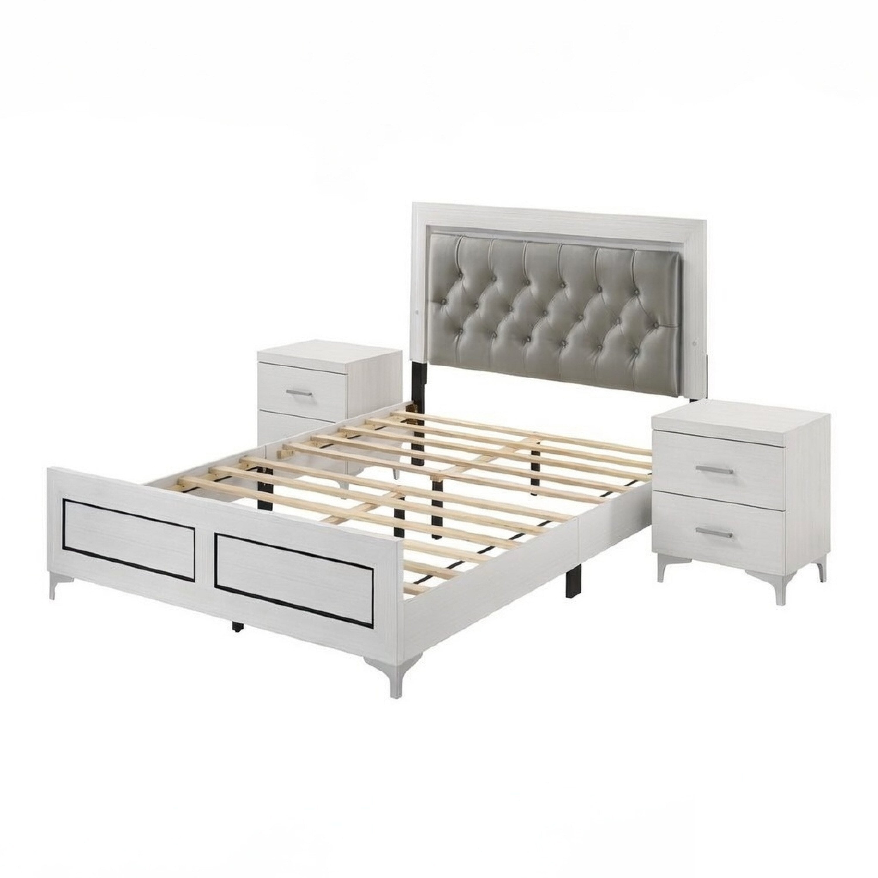 Queen Size Bedroom Set White Finish Storage Bed With Drawers 3 Piece Set With Bed And Two Nightstands