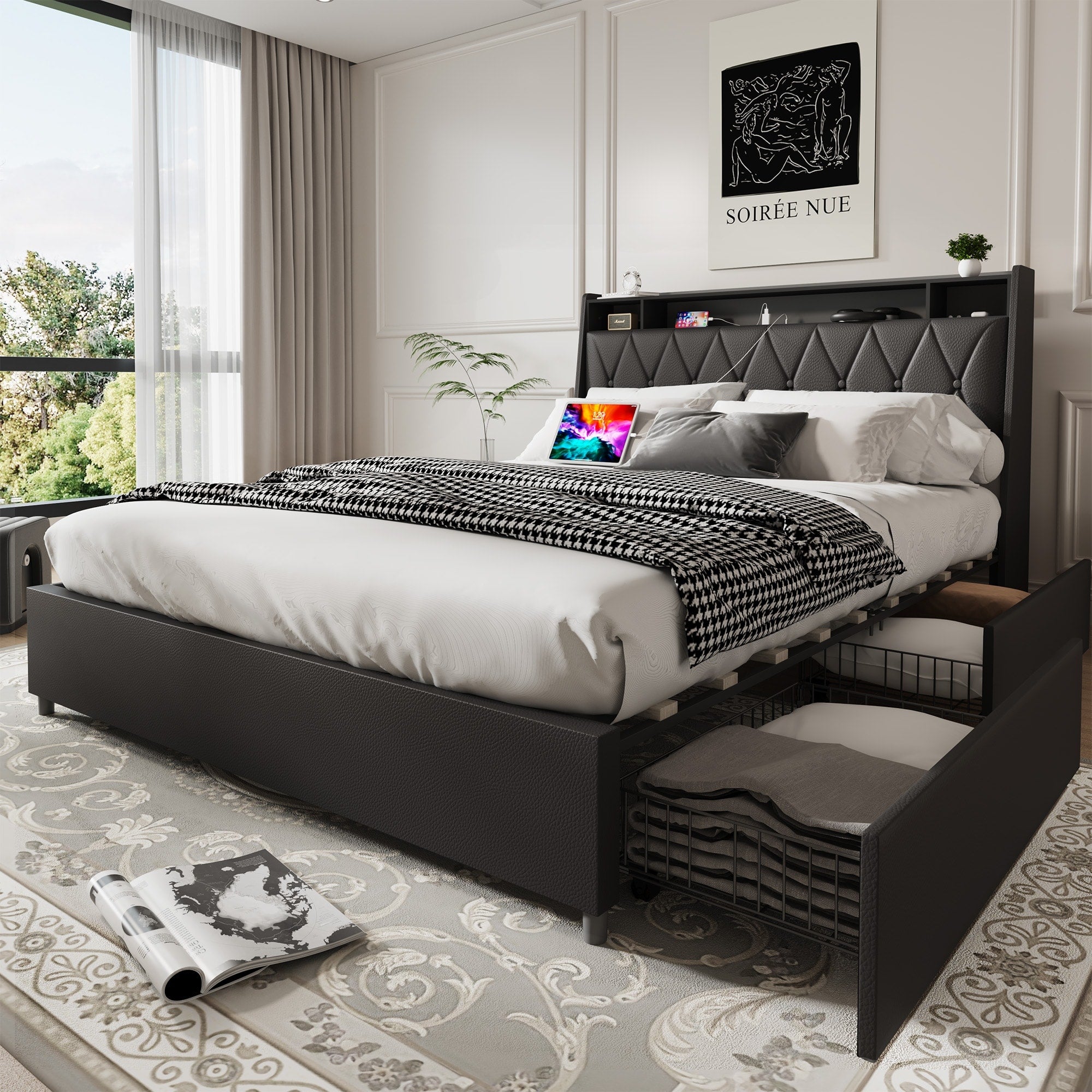Queen Size Black Platform Bed Frame With Ergonomic Headboard Outlets