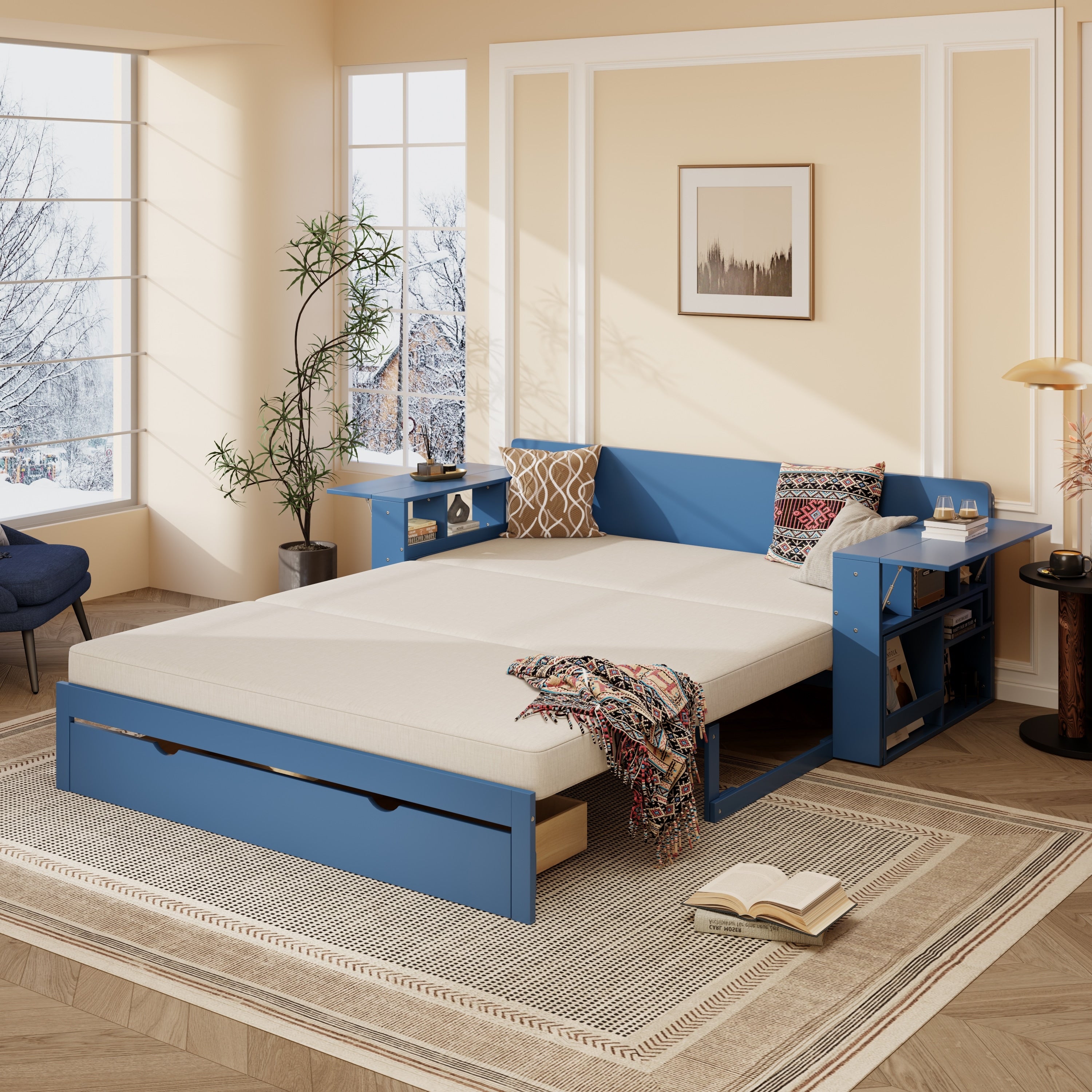 Queen Size Blue Daybed With Removable Desk Storage Drawers