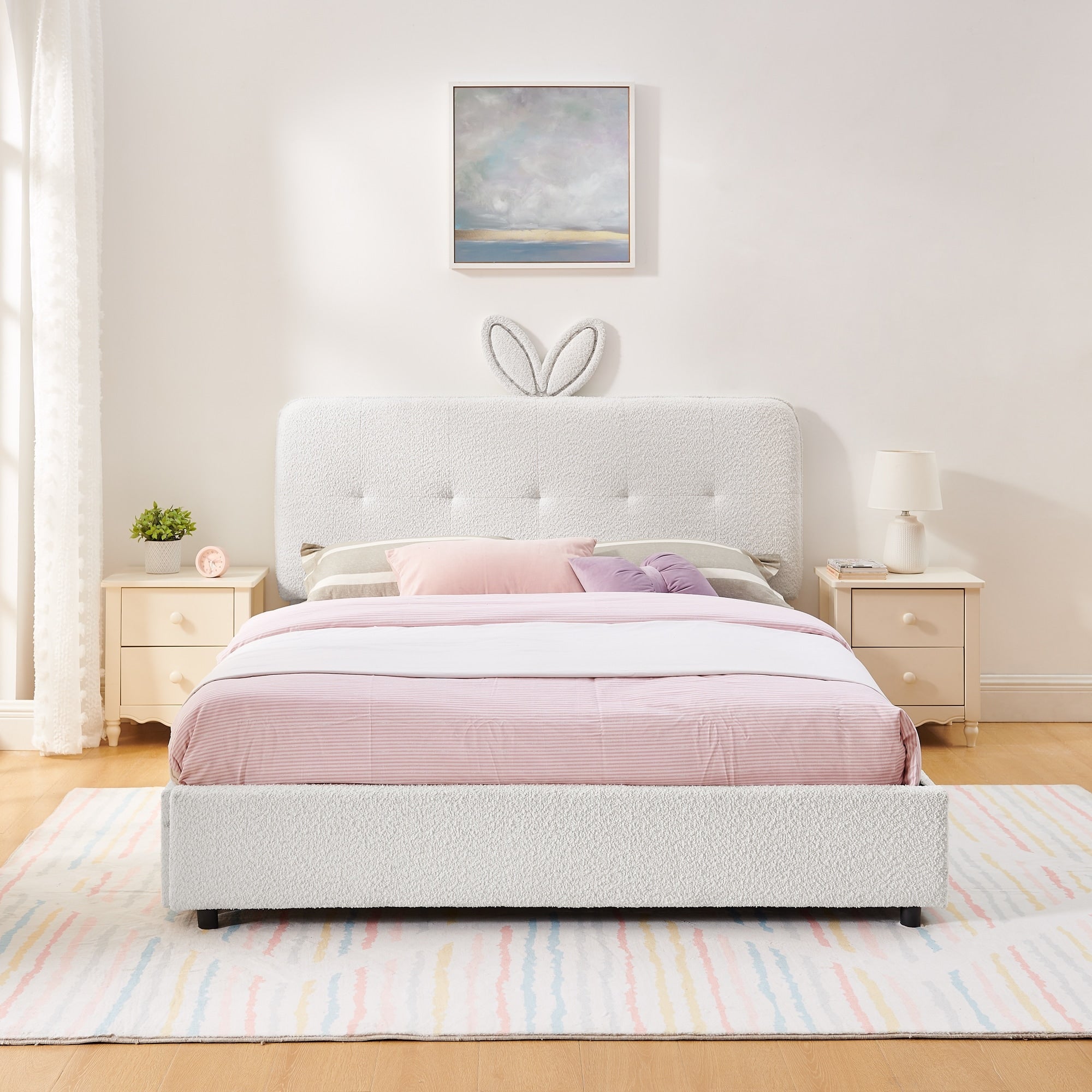 Queen Size Boucle Upholstered Bed With Rabbit Ear Headboard Led Music Sync 4 Drawers
