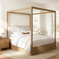Queen Size Canopy Bed Frame With Upholstered Headboard Solid Wood 4 Poster Bed No Box Spring Needed Modern Bed For Bedroom