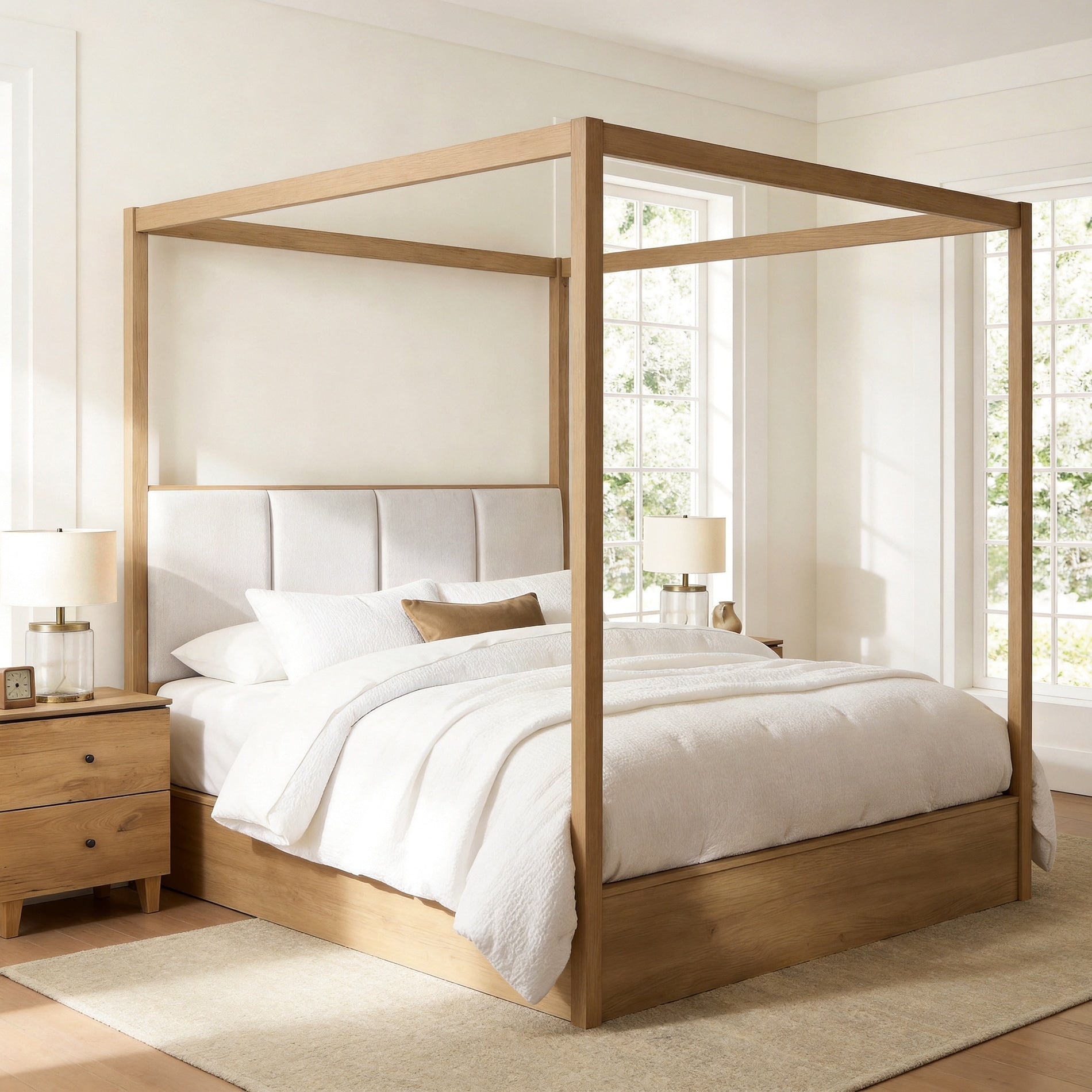 Queen Size Canopy Bed Frame With Upholstered Headboard Solid Wood 4 Poster Bed No Box Spring Needed Modern Bed For Bedroom