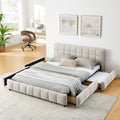 Queen Size Chenille Upholstered Solid Frame Bed With Headboard And Drawer