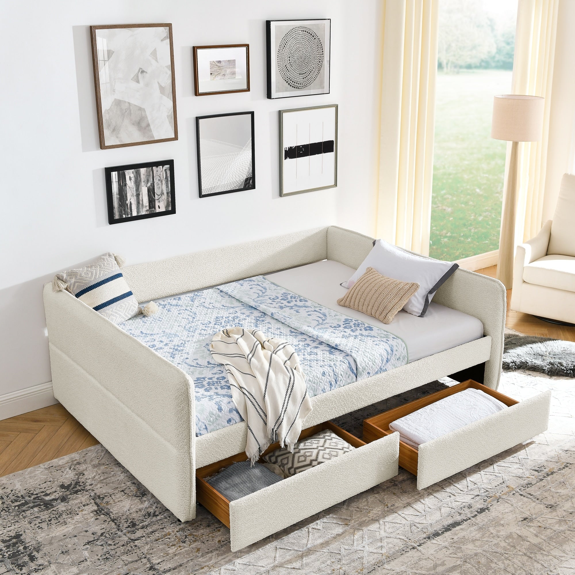 Queen Size Daybed With Trundle Upholstered Tufted Sofa Bed With Two Drawers Velvet Fabric