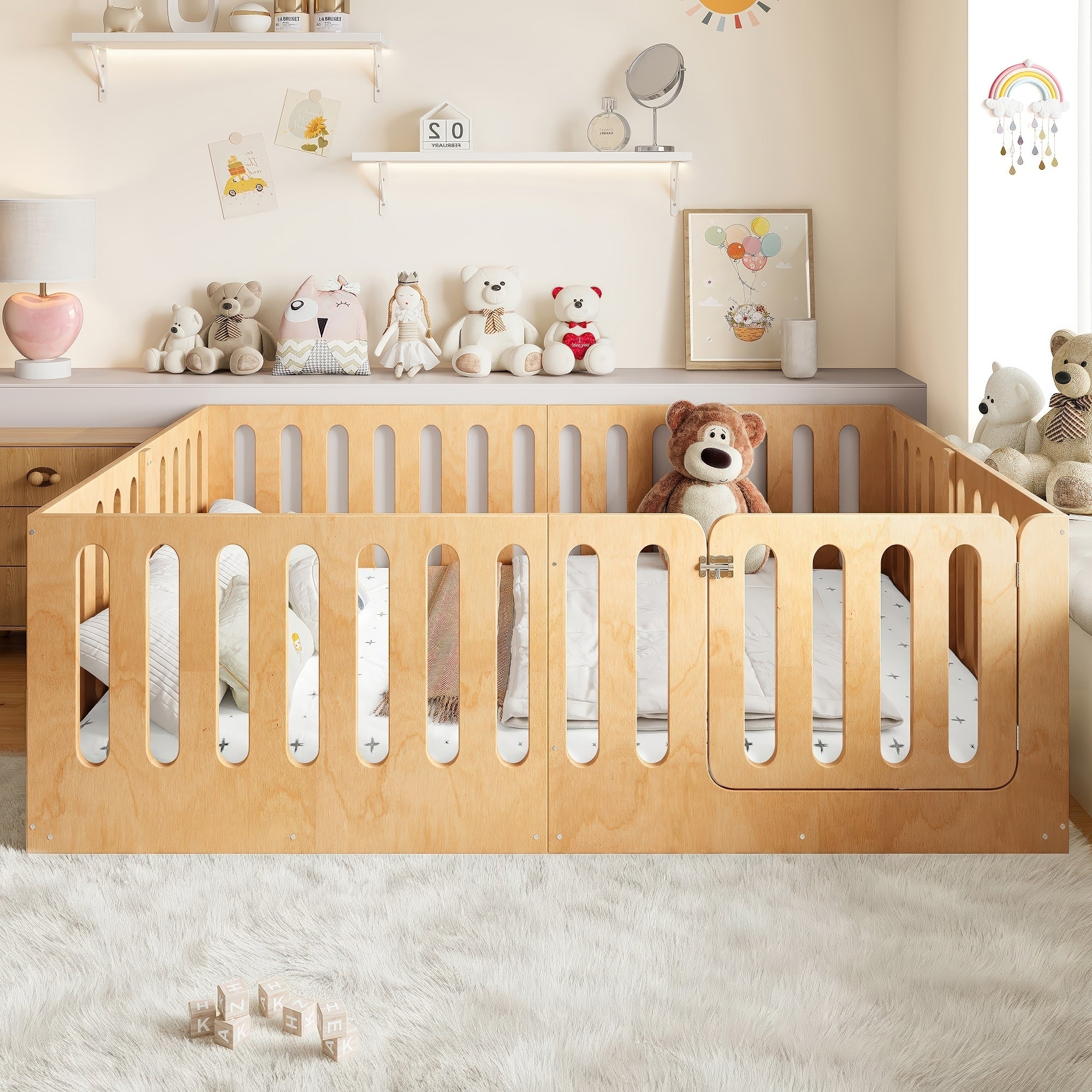 Queen Size Floor Bed With High Fence For Kids Solid Wood Kids Montessori Bed With Door No Box Spring Needed Design