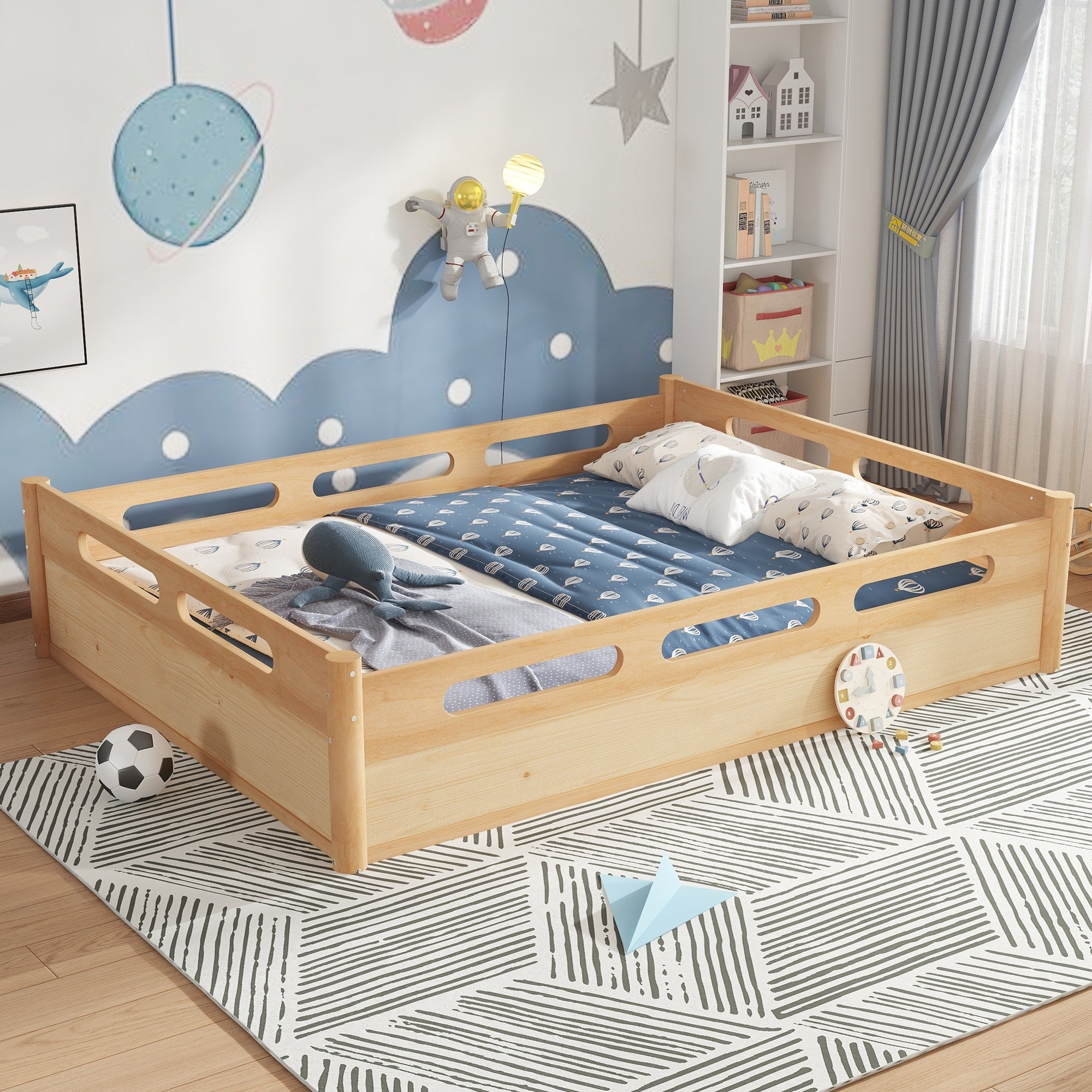 Queen Size Floor Platform Bed With Full Length Guardrails Low Profile Bed Frame With Wood Slats Support No Box Spring Needed