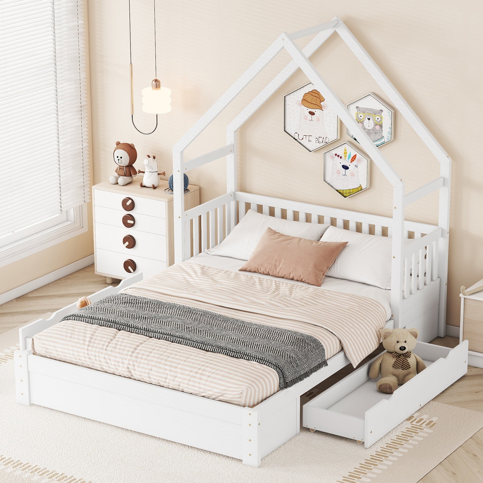 Queen Size House Platform Bed With Guardrail 2 Storage Drawers