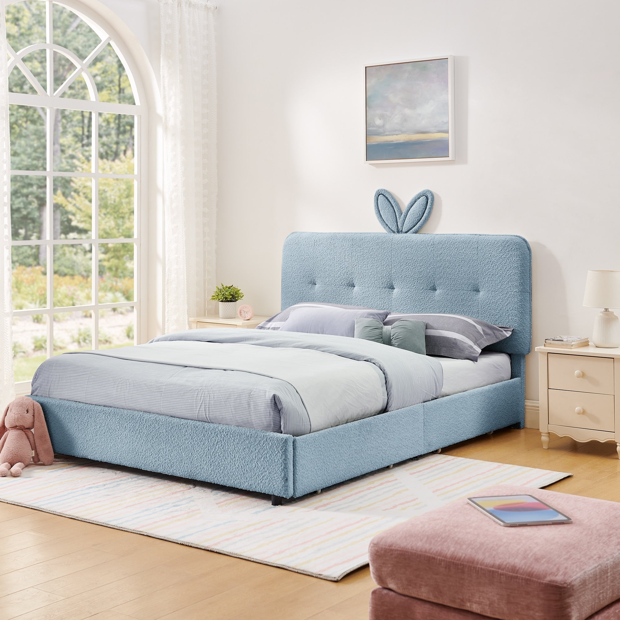 Queen Size Kids Upholstered Bed With Oversized Headboard Led Light 4 Storage Drawers Boucle Fabric
