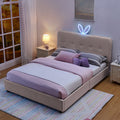 Queen Size Kids Upholstered Bed With Rabbit Ear Headboard Led And Storage Drawers