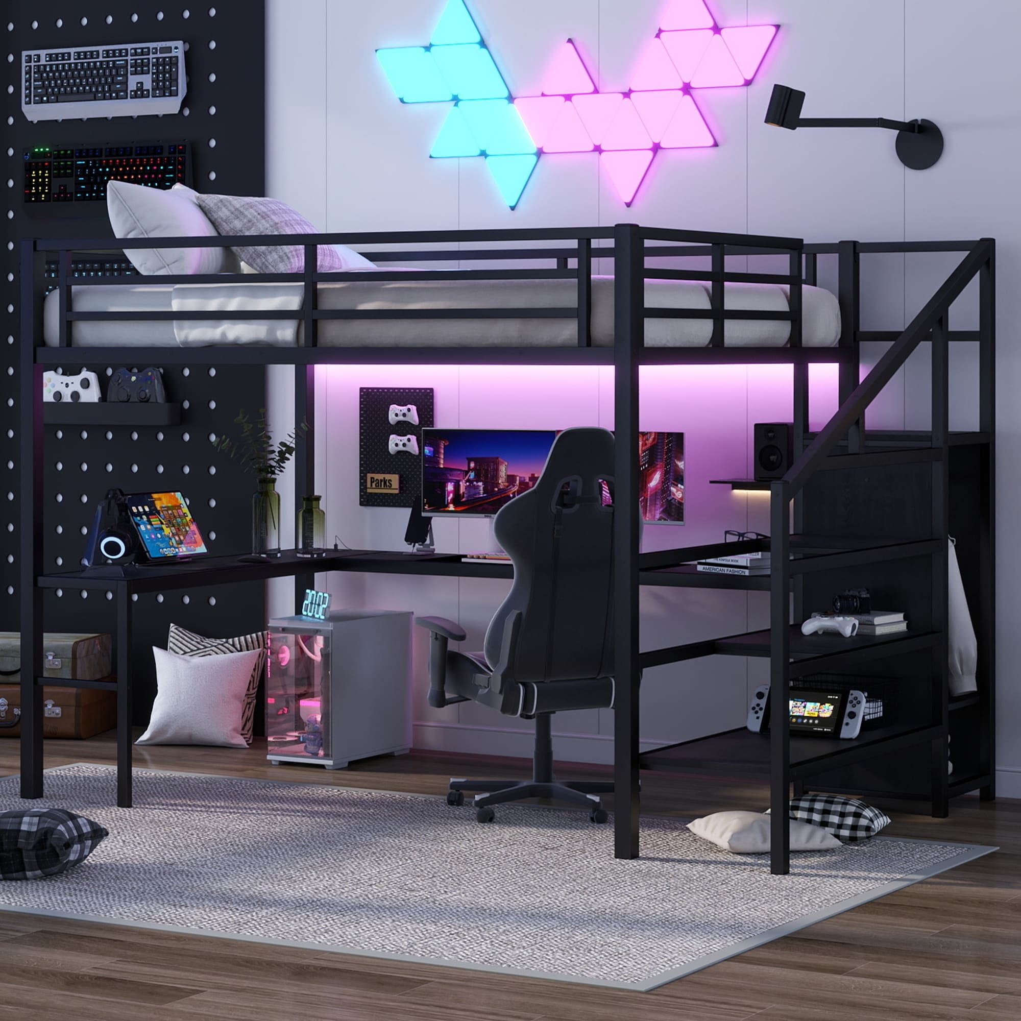 Queen Size Loft Bed With L Shaped Desk And Usb Metal Loft Bed With Wardrobe And Adjustable Shelf