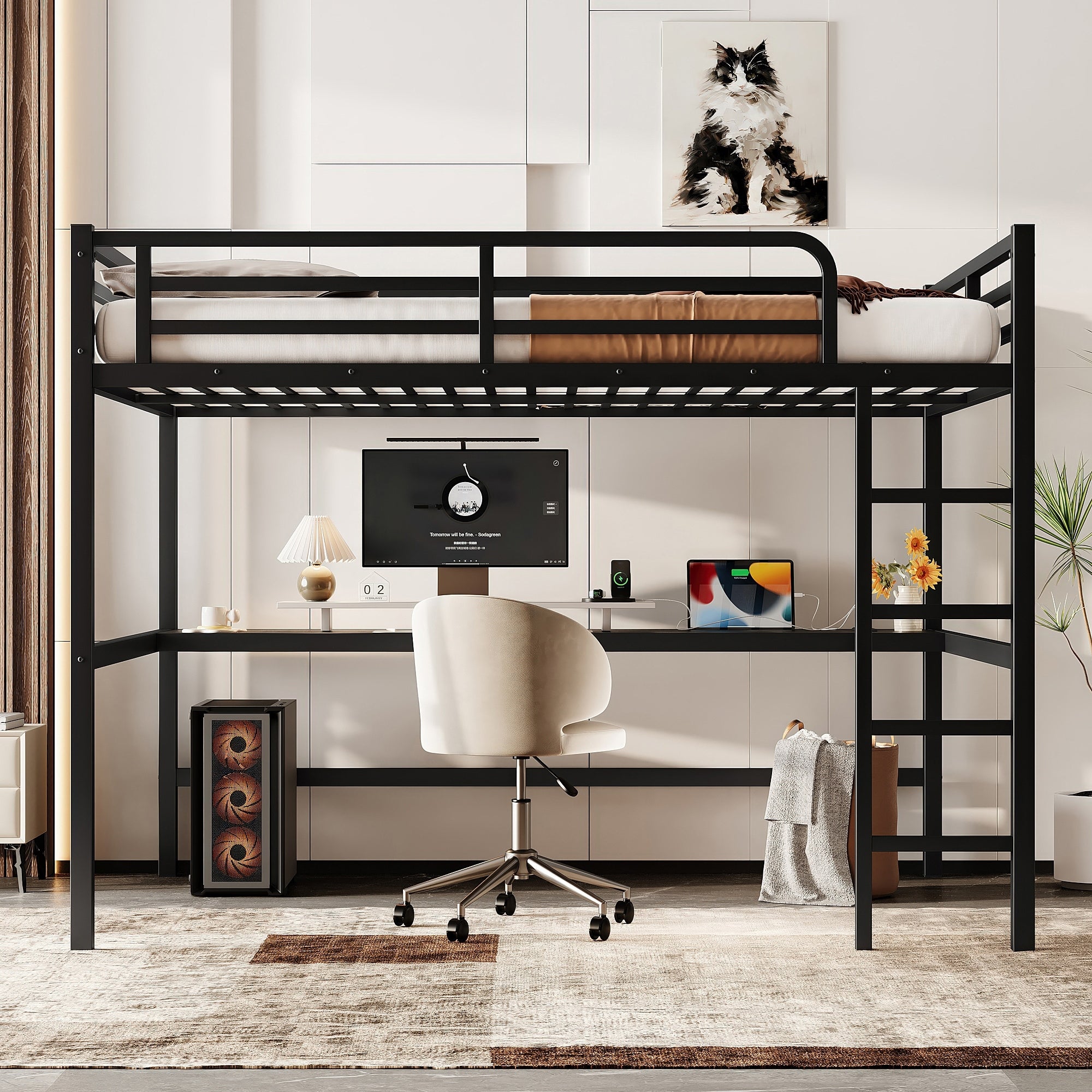 Queen Size Loft Bed With Power Outlet Led Lights Metal Frame Space Saving Loft Bed For Small Rooms
