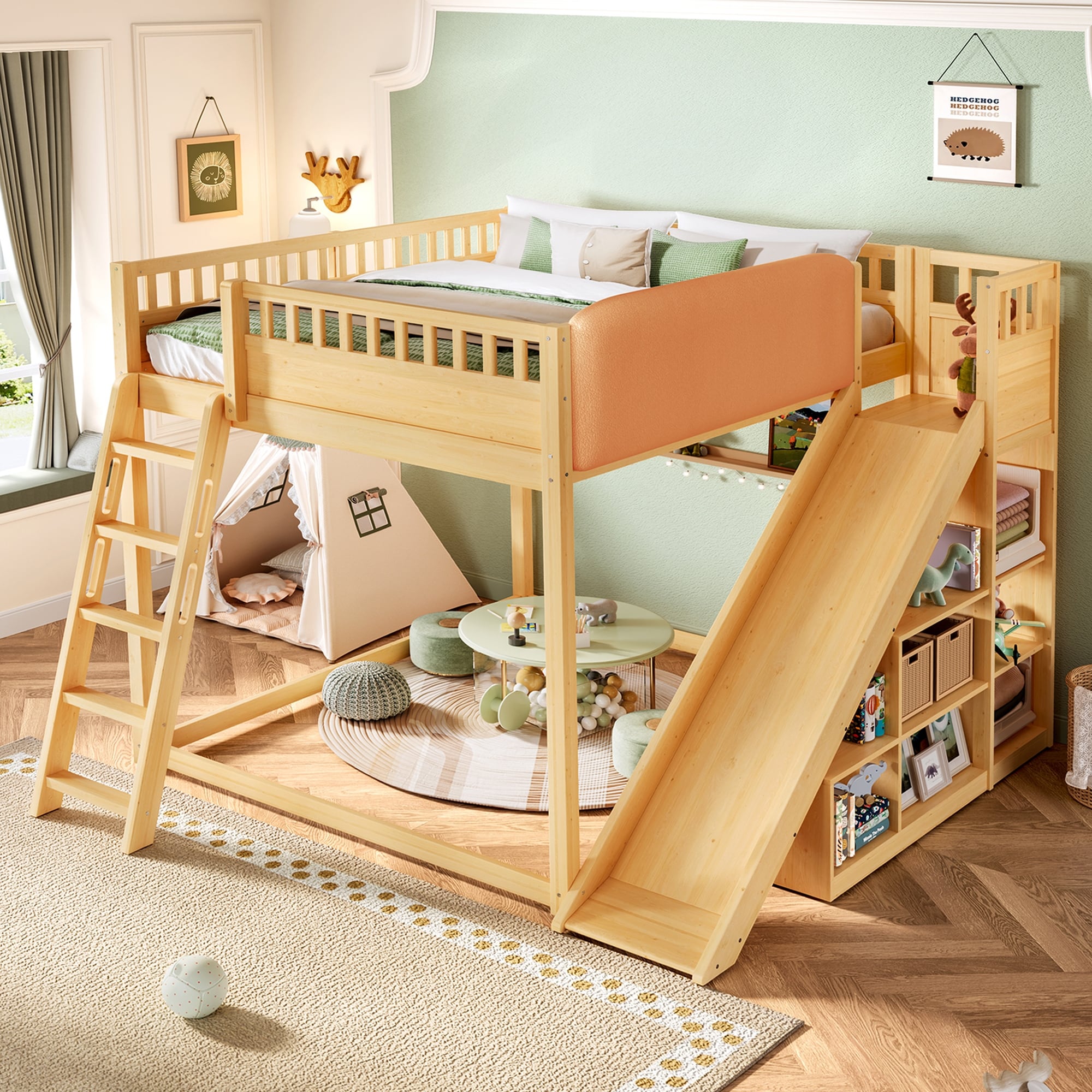 Queen Size Loft Bed With Upholstered Headboard And Storage Shelves Complete With Ladder And Slide