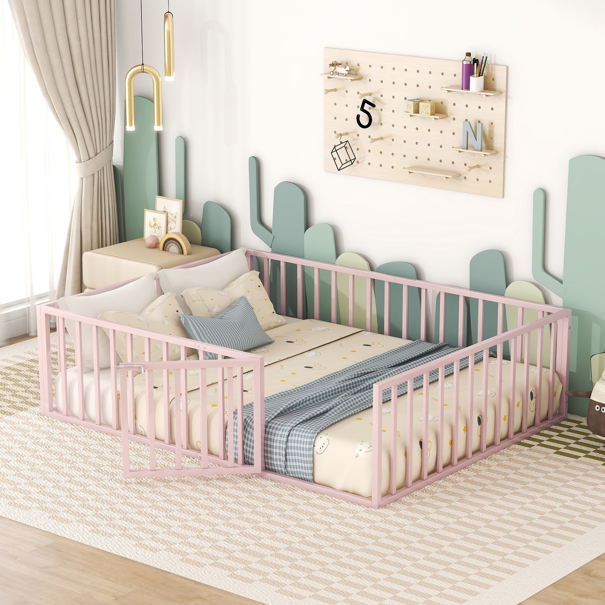 Queen Size Metal Floor Bed Frame With Fence And Door For Home Office