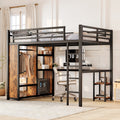 Queen Size Metal Loft Bed Frame With Built In Wardrobe Includes Study Desk And Storage Shelves