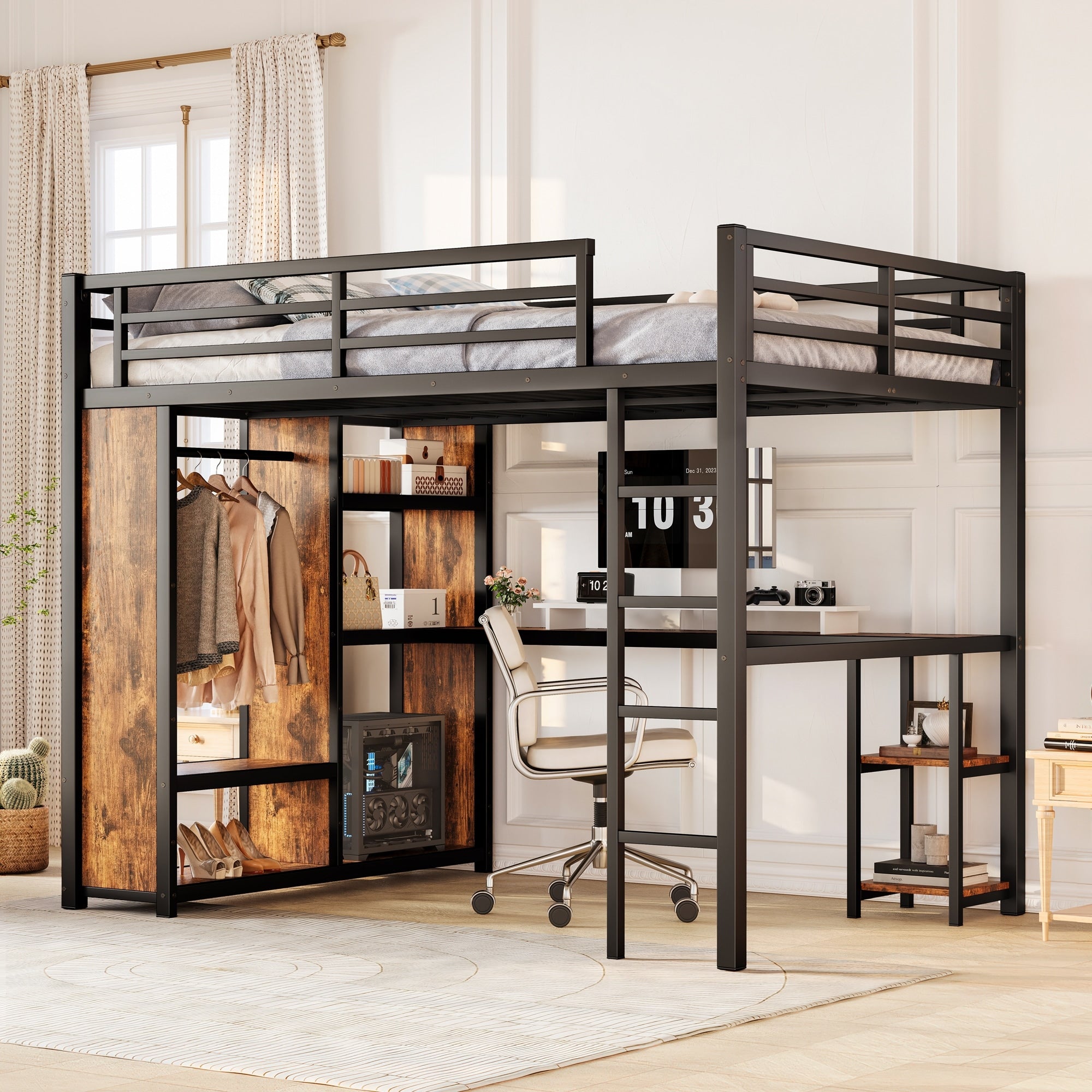 Queen Size Metal Loft Bed Frame With Built In Wardrobe Includes Study Desk And Storage Shelves