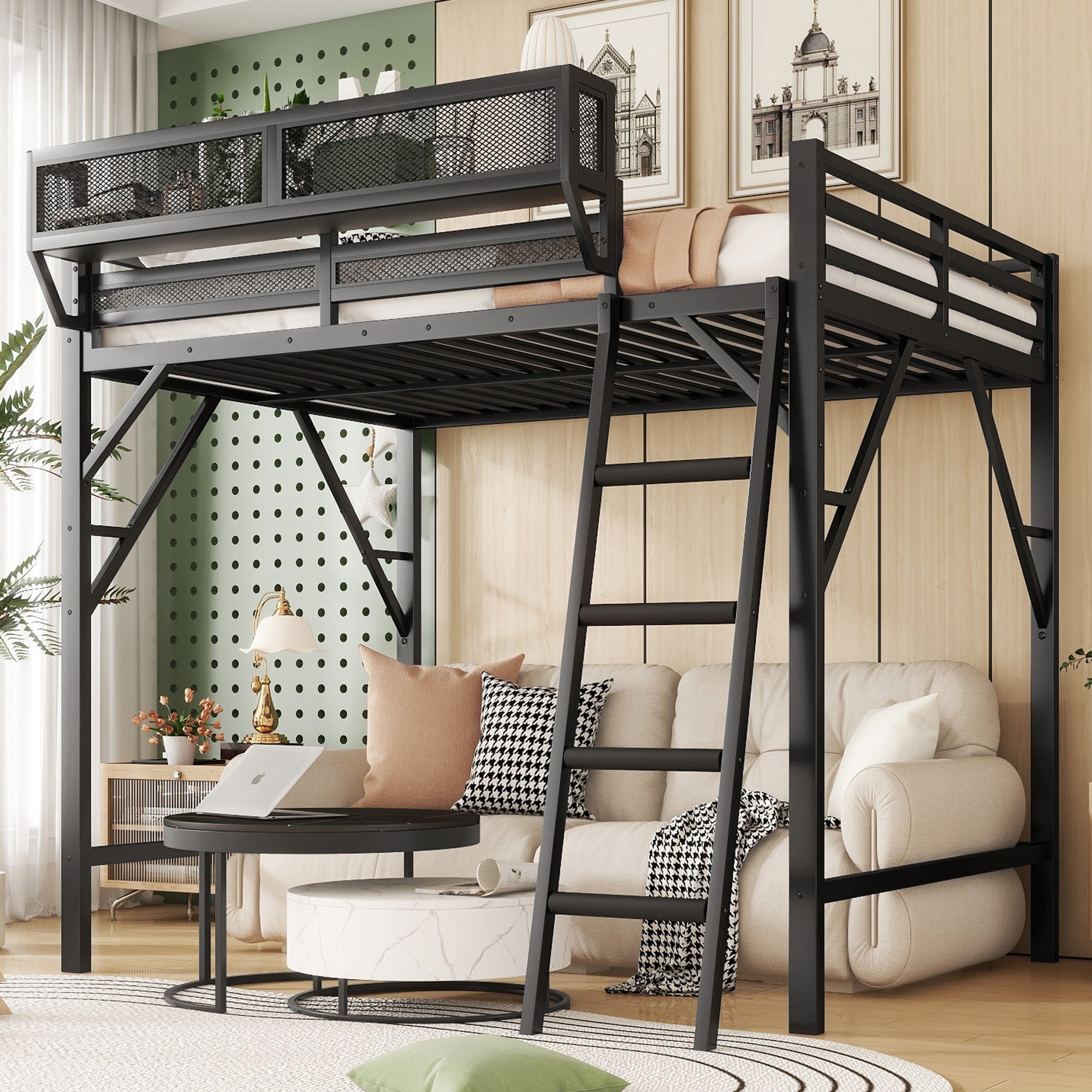 Queen Size Metal Loft Bed With Ladder And Storage Shelves High Loft Bed Frame For Kids And Teens
